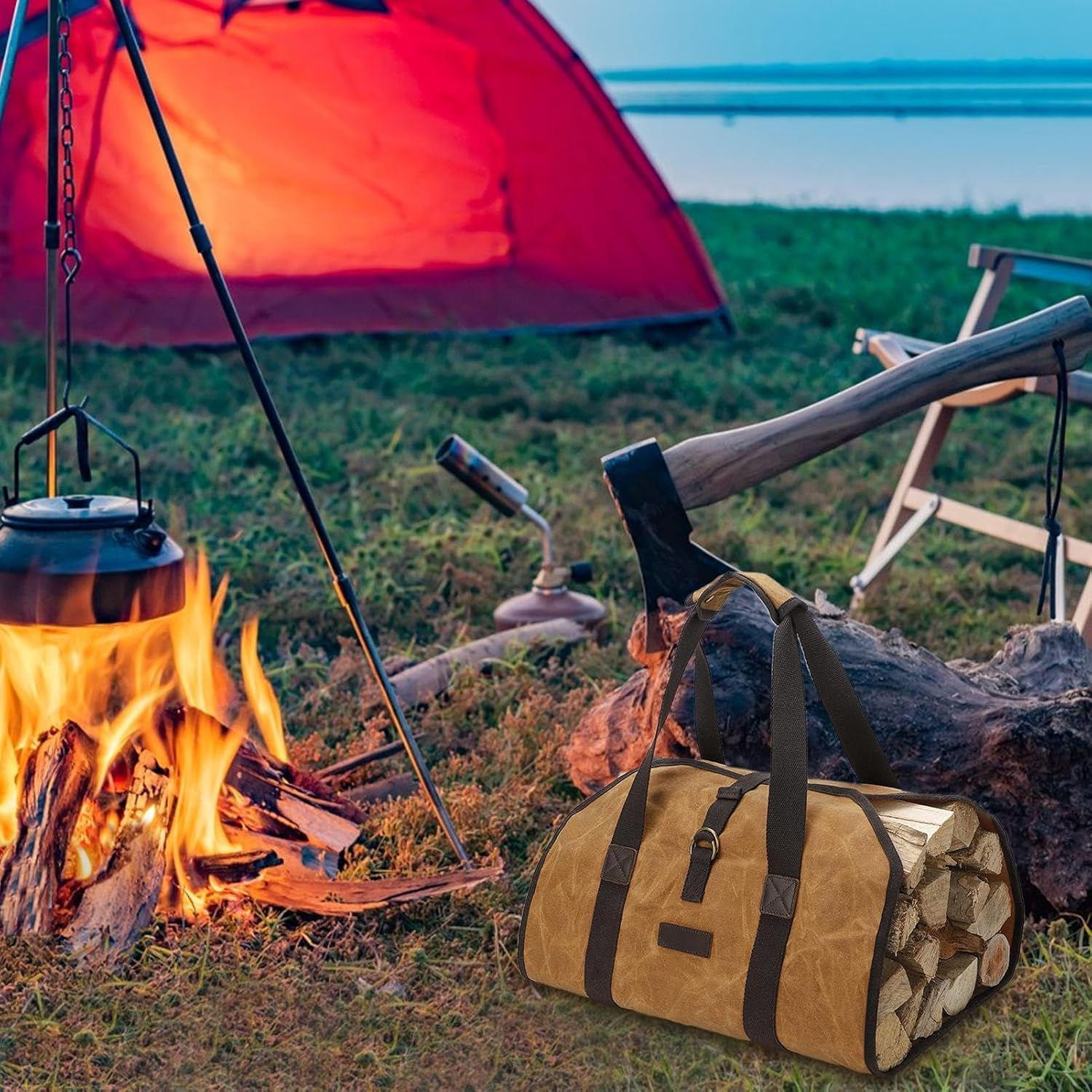 Firewood Carrier | Log Tote with Handles - Wood Stove Accessories, Firewood Holder, Water Resistant Canvas Shopping Bags for Easy Carrying image number 2