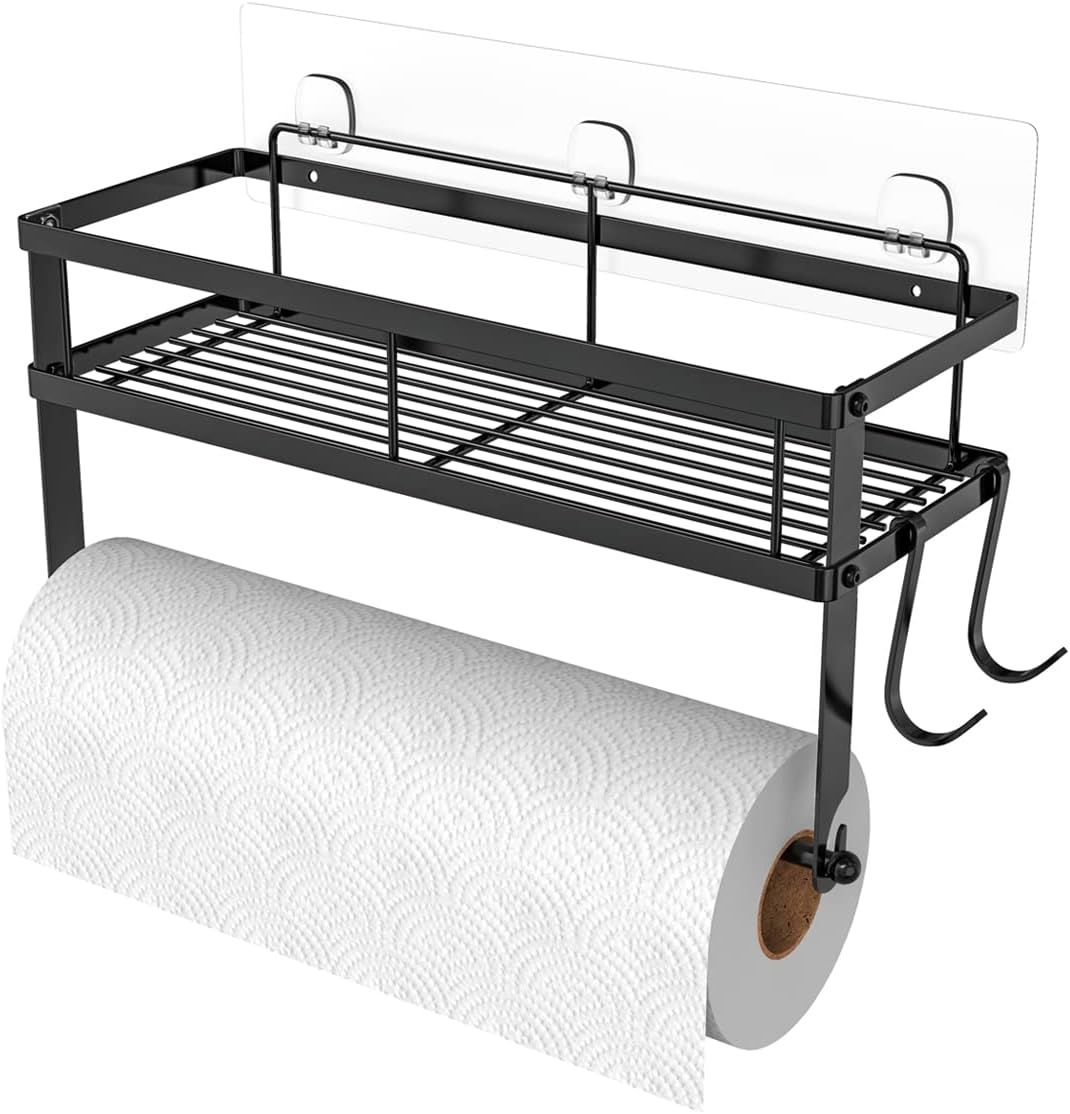 ESOW Paper Towel Holder with Shelf Storage, Adhesive Wall Mount 2-In-1 Basket Organizer for Kitchen & Bathroom, Durable Metal Wire Design, Stainless Steel 304 Brushed Nickel Finish