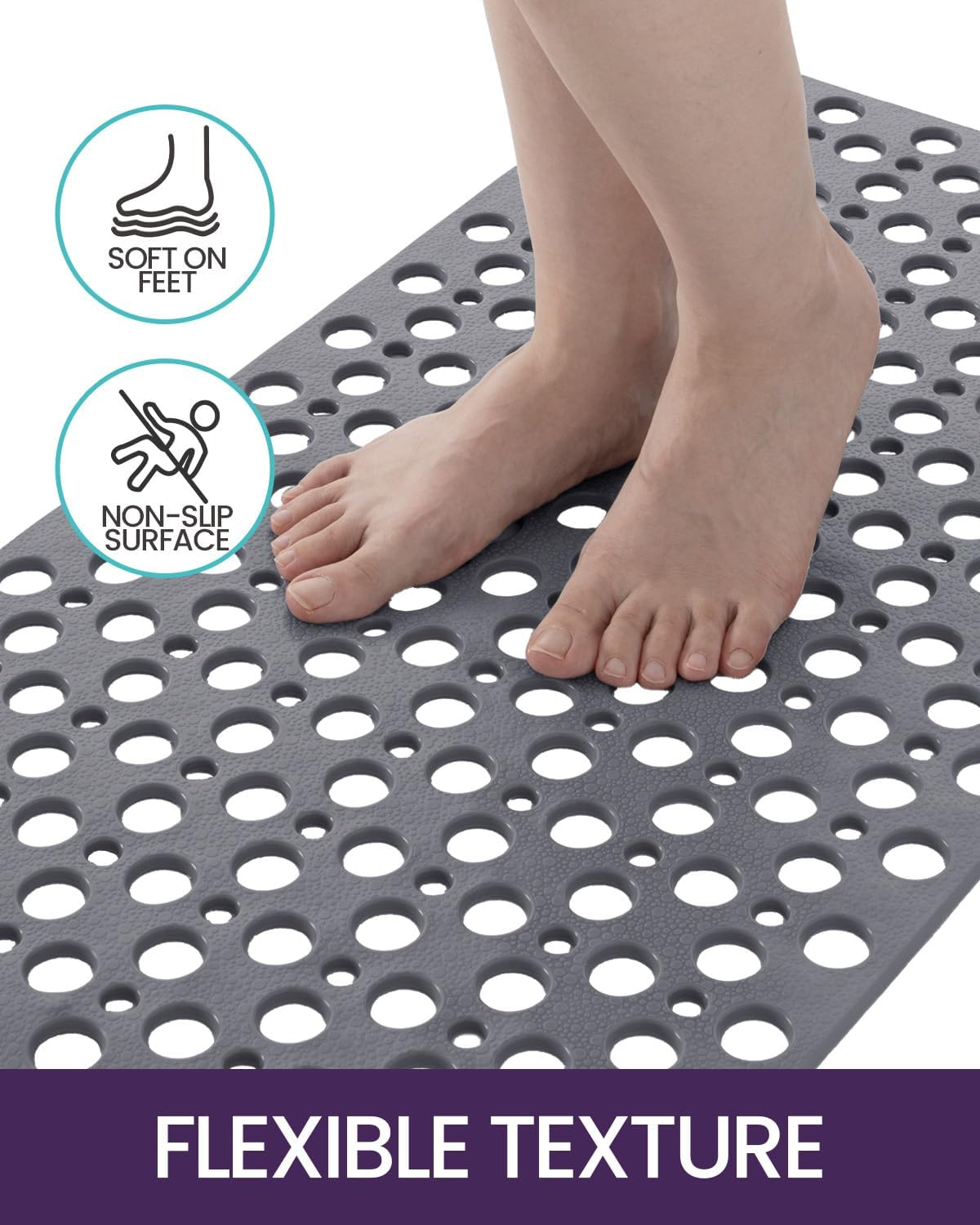 DEXI Shower Bathtub Mat Non Slip 43 X 75 Cm, Soft Bath Floor Mats for Tub with Suction Cups and Drain Holes, Machine Washable, Bathroom Accessories, Grey image number 2