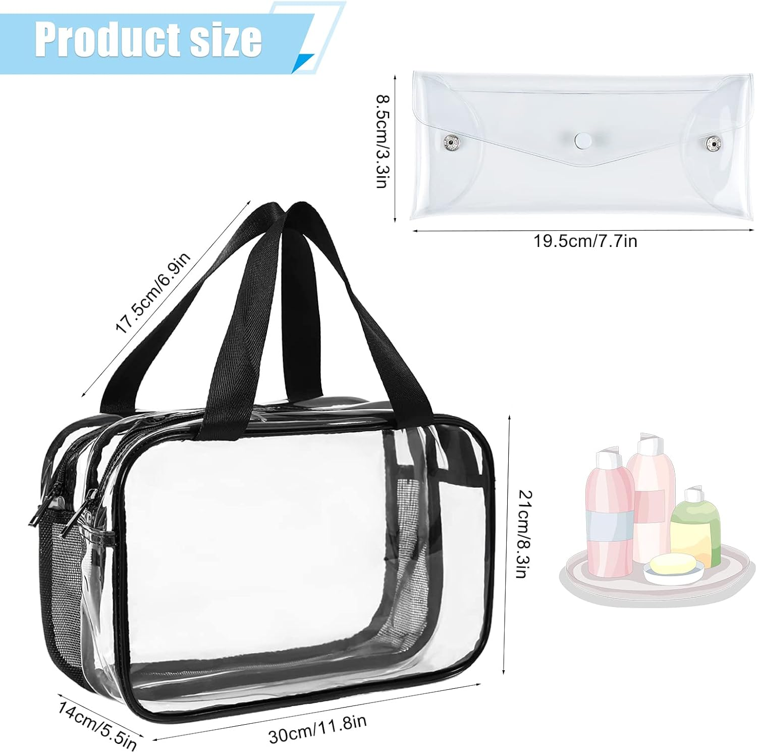 Hysagtek Clear Cosmetics Bag Toiletry Shower Bag, Large Travel Bag for Toiletries with Zipper, Waterproof & Draining PVC Makeup Tote Bag Bathroom Mesh Caddy for Gym Travel Business Camping Beach Spa, Black, Clear image number 1