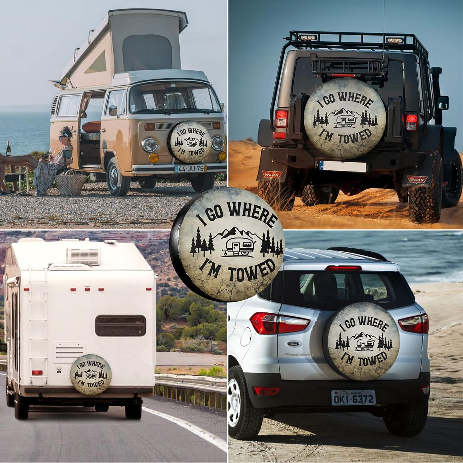 Spare Tire Cover I Go Where I'M Towed Wheel Tire Cover Waterproof Sun Protection Universal Fit for Trailers Rv SUV Truck Camper Travel 15 Inch image number 1