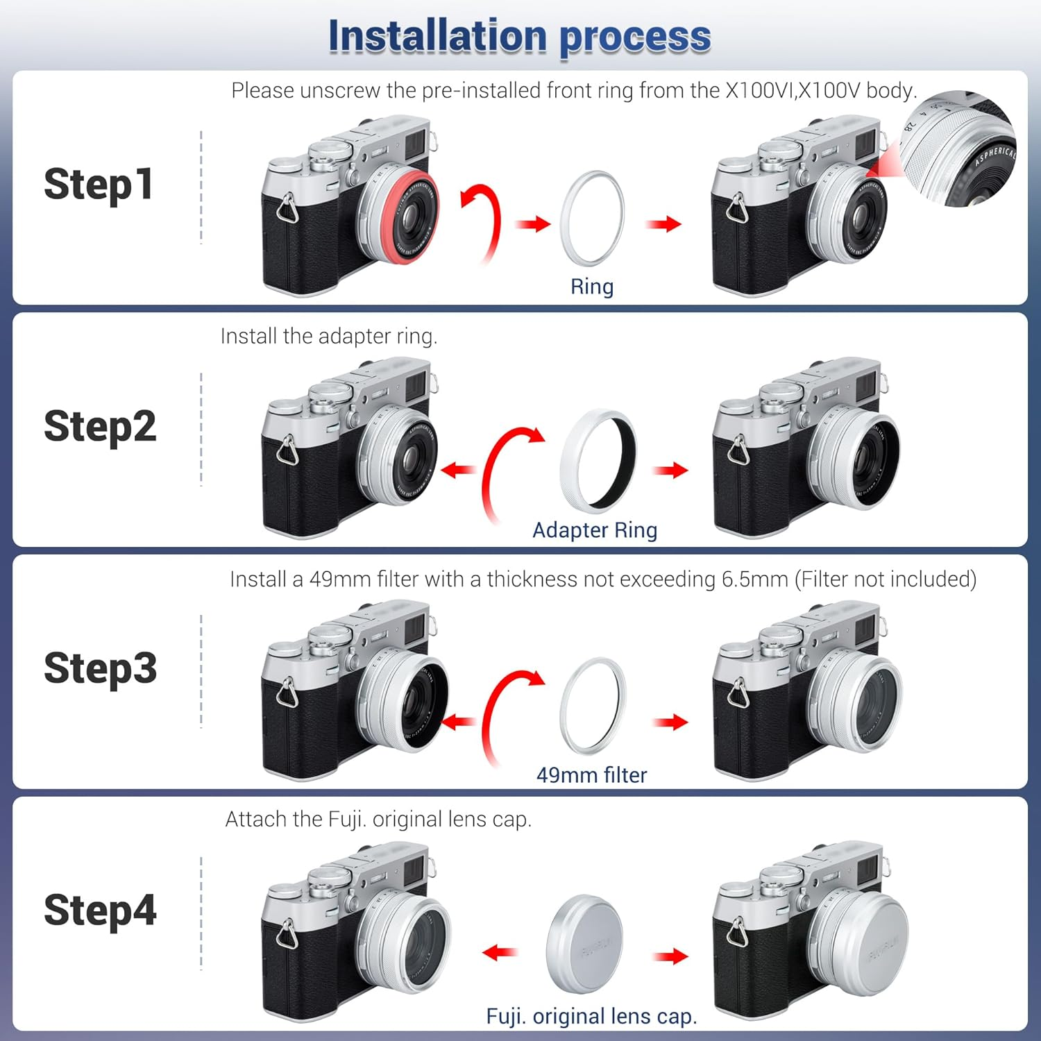 JJC AR-X100 49Mm Metal Lens Filter Adapter Ring for Fujifilm X100VI X100V X100F X100T X100S X100 X70 Camera Installing UV CPL ND Filter Lens Cap, Can Be Used with FLCP-49 Lens Cap