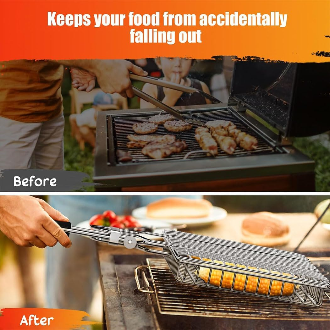 Idopick Grill Basket,Bbq Grilling Basket, 304 Stainless Steel Folding Fish Grilling Baskets with Removable Handle, Portable Outdoor Camping BBQ Rack for Fish, Shrimp, Vegetables, Barbeque Griller image number 6