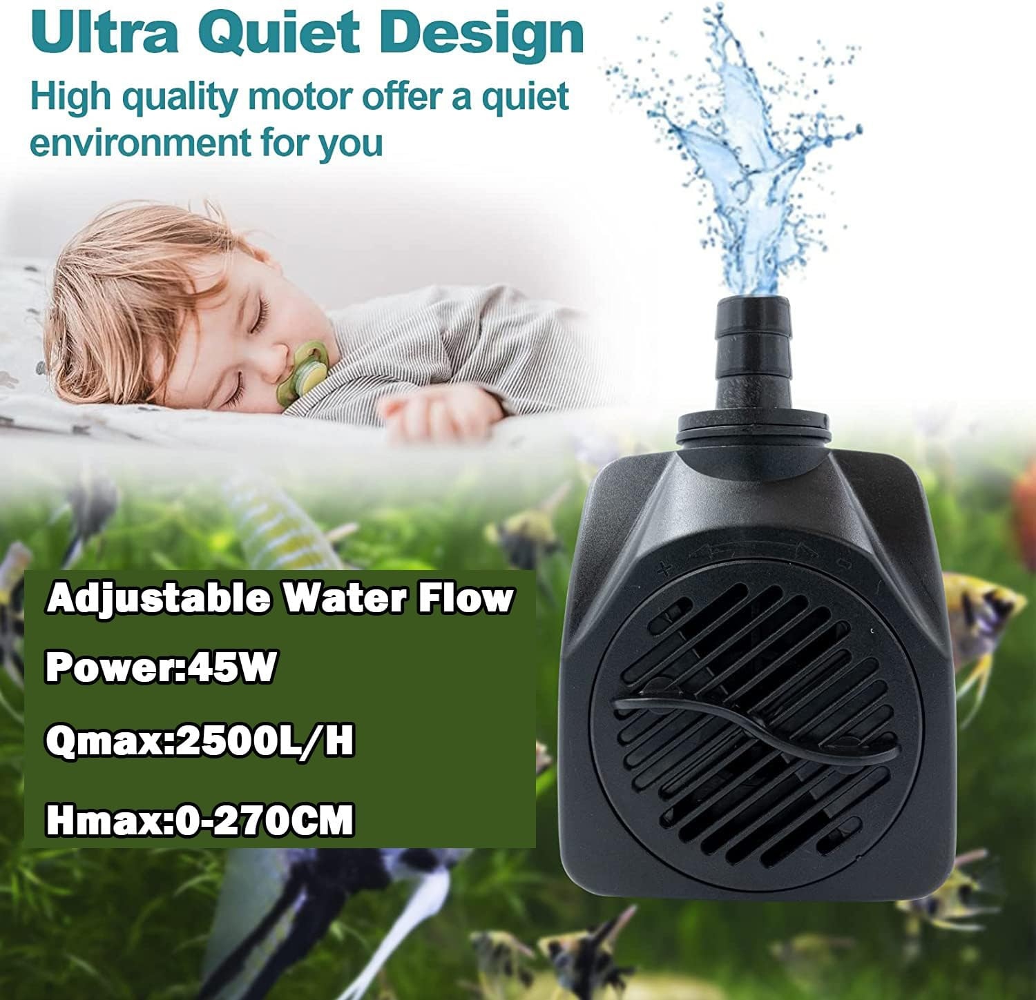 Submersible Pump, 45W Ultra Quiet Water Pump Small Submersible Pump for Fish Tank, 2500L/H Pond,Aquarium, Fountain, Statuary, Hydroponics image number 5