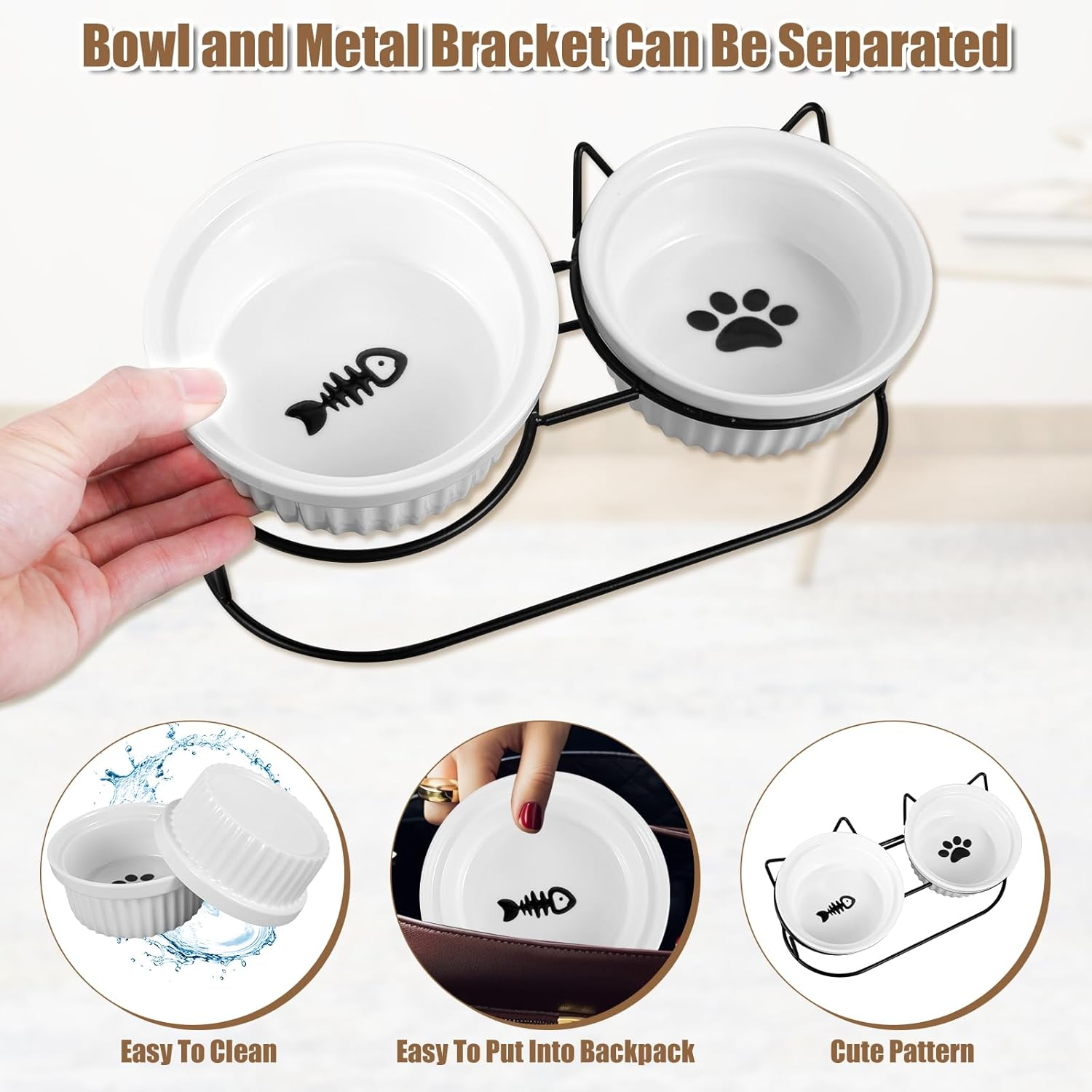 Raised Cat Bowls Whisker Friendly, Elevated Cat Bowls Tilted with Metal Stand, anti Vomiting Double Ceramic Pet Food Bowls, Elevated Cat Food Water Bowl Raised Ceramic Pet Feeding for Cat Dog image number 6