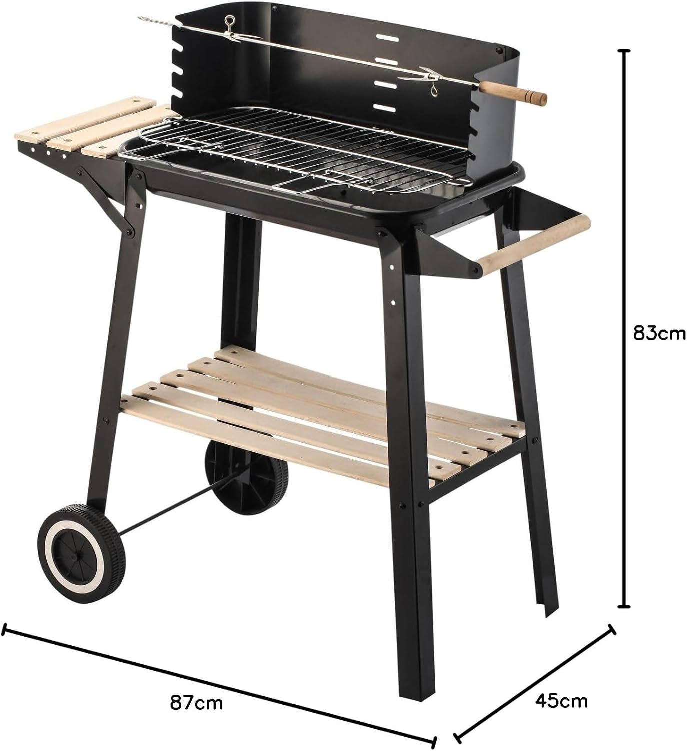 Healthy Choice Charcoal Grill BBQ on Trolley Stand with Manual Rotisserie Stick, Two Wooden Shelves, Wheels for Easy Maneuverability - 87Cm X 83Cm X 45.5Cm, Black + Light Wood