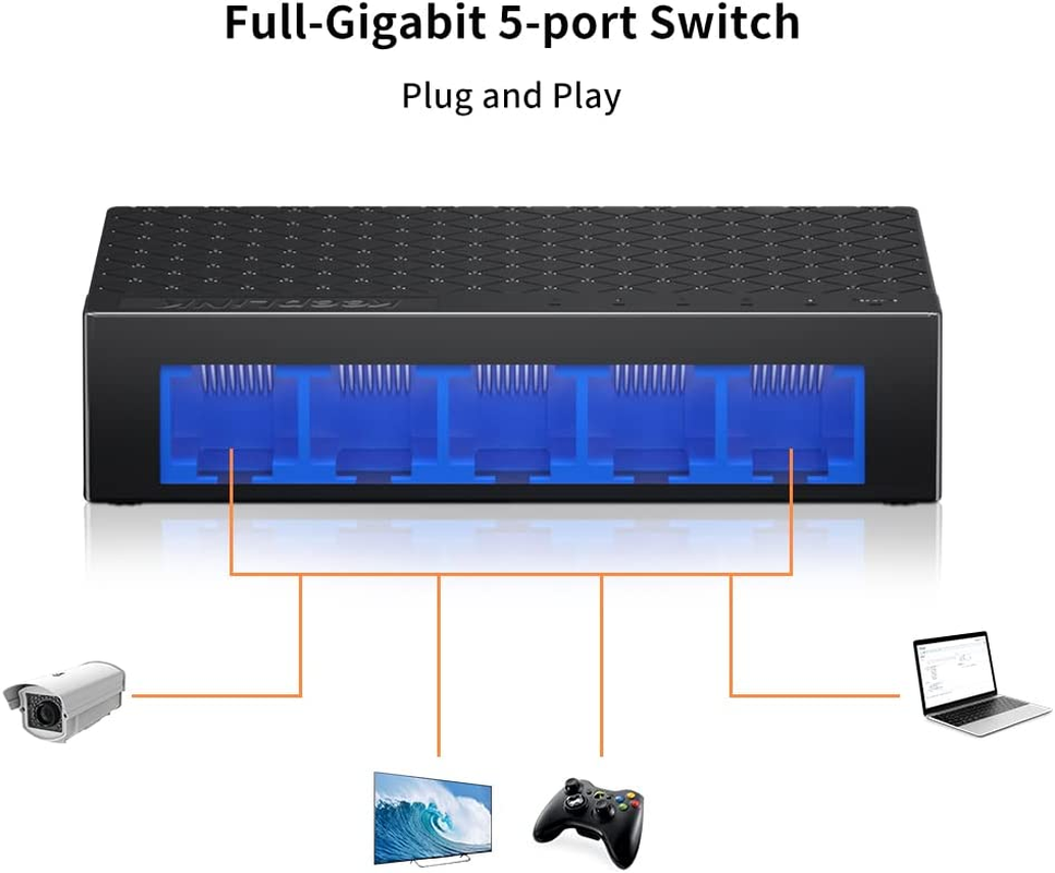 Keeplink 5 Port Gigabit Ethernet Switch, Unmanaged Desktop or Wall Mount Network Splitter, Plastic Case, Plug and Play with 2 Pcs 3.28Ft Cat6 Ethernet Cable