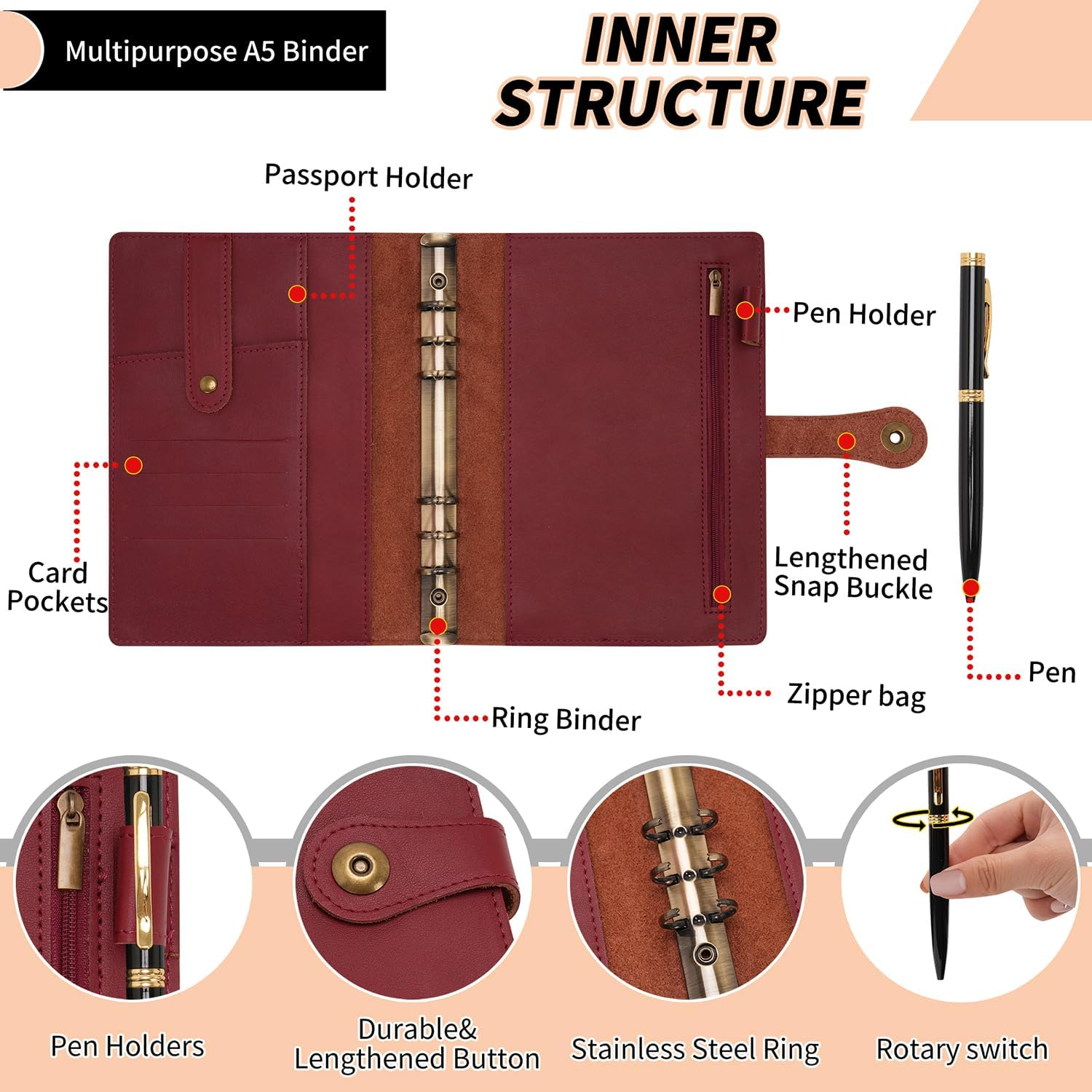 Wonderpool A5 Binder Journal Leather Spiral Notebook Refillable College Ruled Paper, Budget Binder Rings Diary Organizer with Pen for Office School Travel Business Planning Writing (Wine Red,A5) image number 4