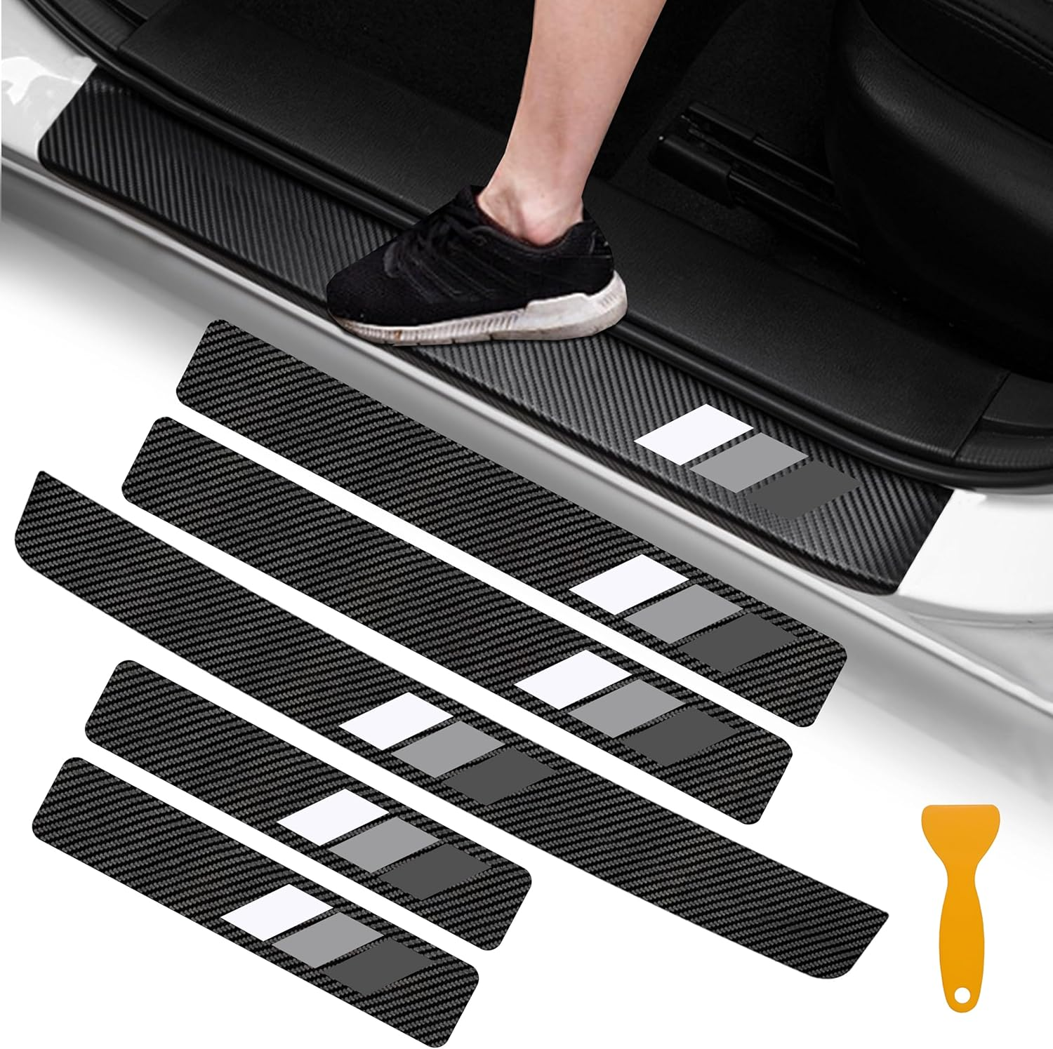 YOSRTER 5PCS Door Sill Guard Decoration Stickers Universal Fit to All Cars Fiber Leather Door Sill Protector（White/Gray/Dark Gray） - Red Trim And White Trim image number 5