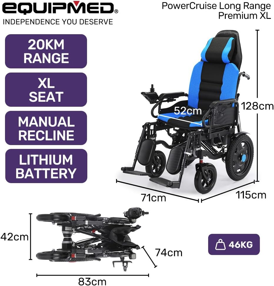 "Equipmed Power Electric Wheelchair, Wide Bariatric Chair, Comfortable for S-XL, Long Range, Recline Adjustment, Lithium Battery, 16"" Wheels, Headrest, Folding" image number 2