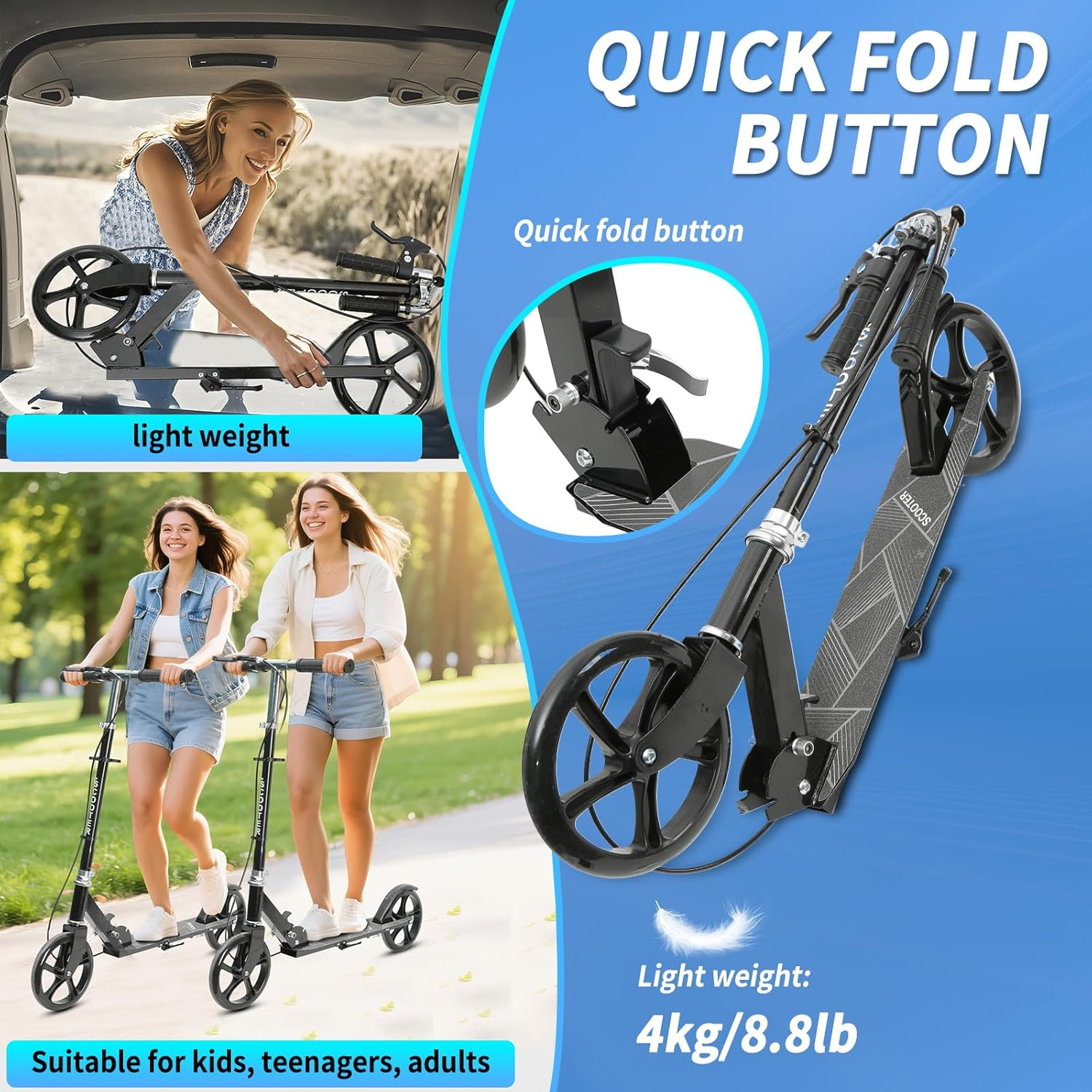 Joywoof Foldable Scooter for Kids Ages 8+ Height Adjustable with 8" Big Wheels, Portable Scooters for Adult Teenagers Kids Riders up to 250 Lbs Black image number 1