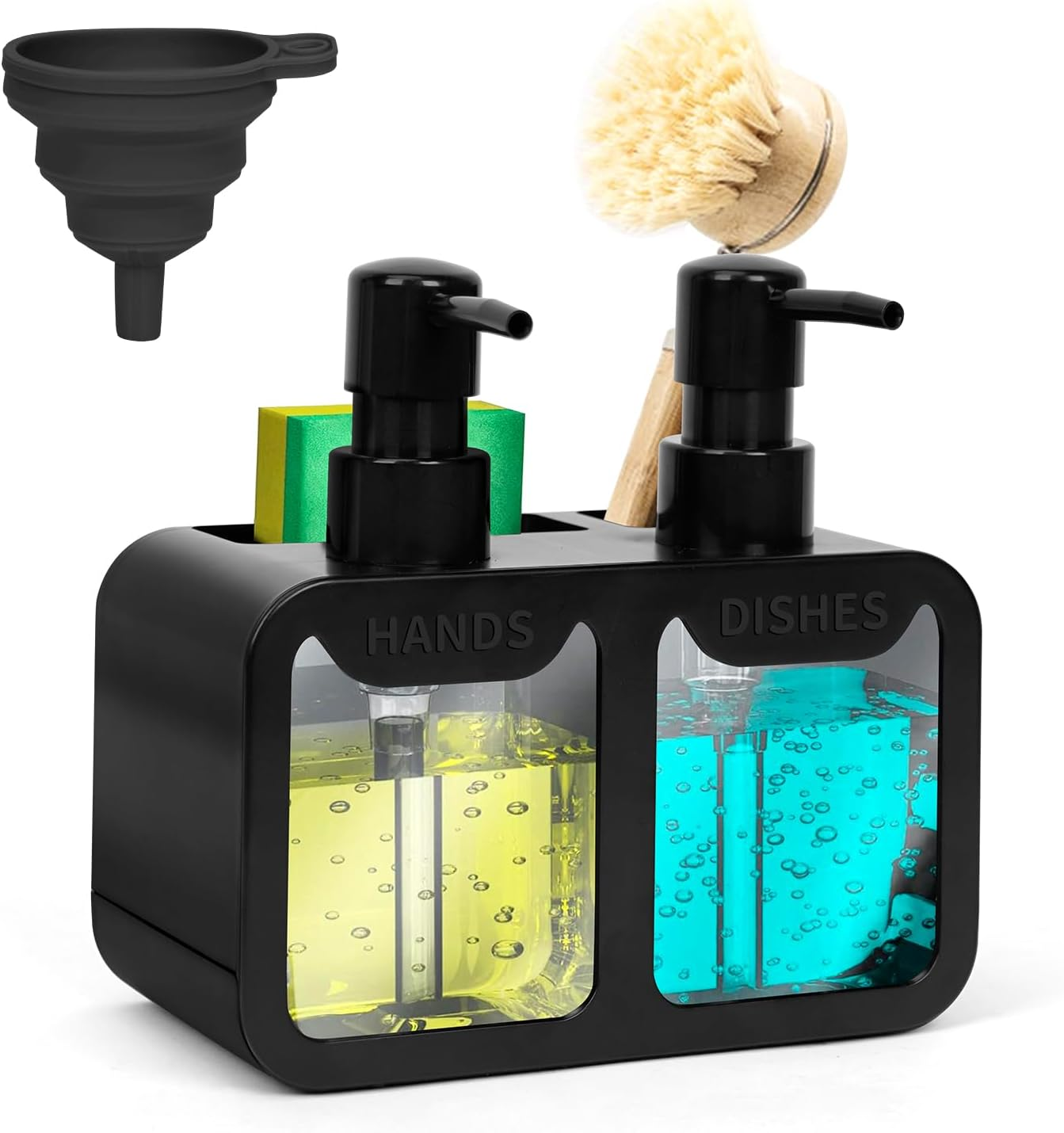 Kitchen Soap Dispenser with Silicone Funnel, Hand and Dish Soap Dispenser and Sponge Caddy and Brush Holder, 4 in 1 Countertop Organizer for Kitchen Sink(Black) image number 3