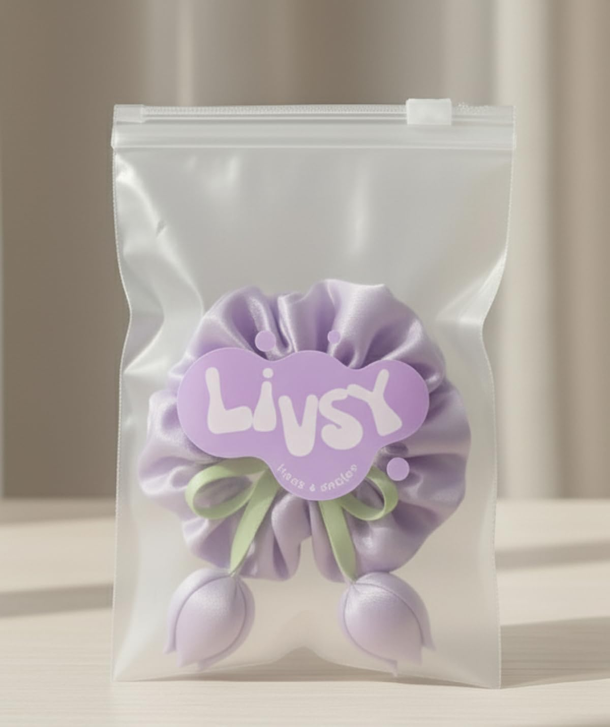 LIVSY Korean Style Sweet Satin Tulip Ribbon Scrunchie &ndash; Silk Scrunchie Hair Tie with Floral Bow & Hanging Buds | Kitsch Beauty Hair Accessories for Women & Girls, Cute Hair Clips & Stylish Hair - Purple