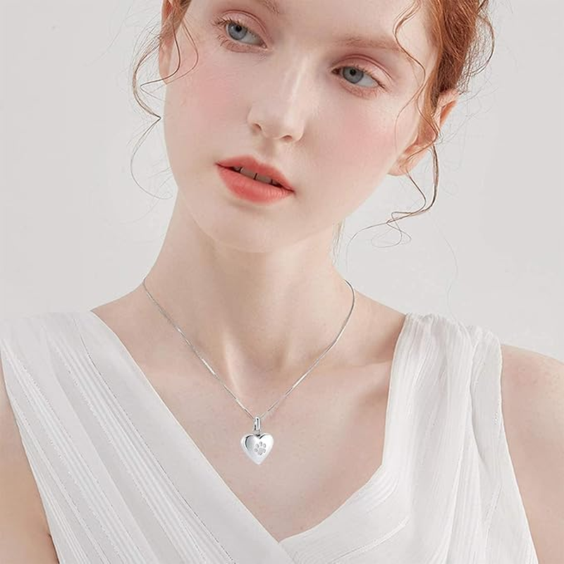 Heart-Shaped Pet Cremation Jewelry Pendant for Ashes - Paw Print Urn Necklace Memorial Keepsake for Dogs & Cats (Silver, One Size)