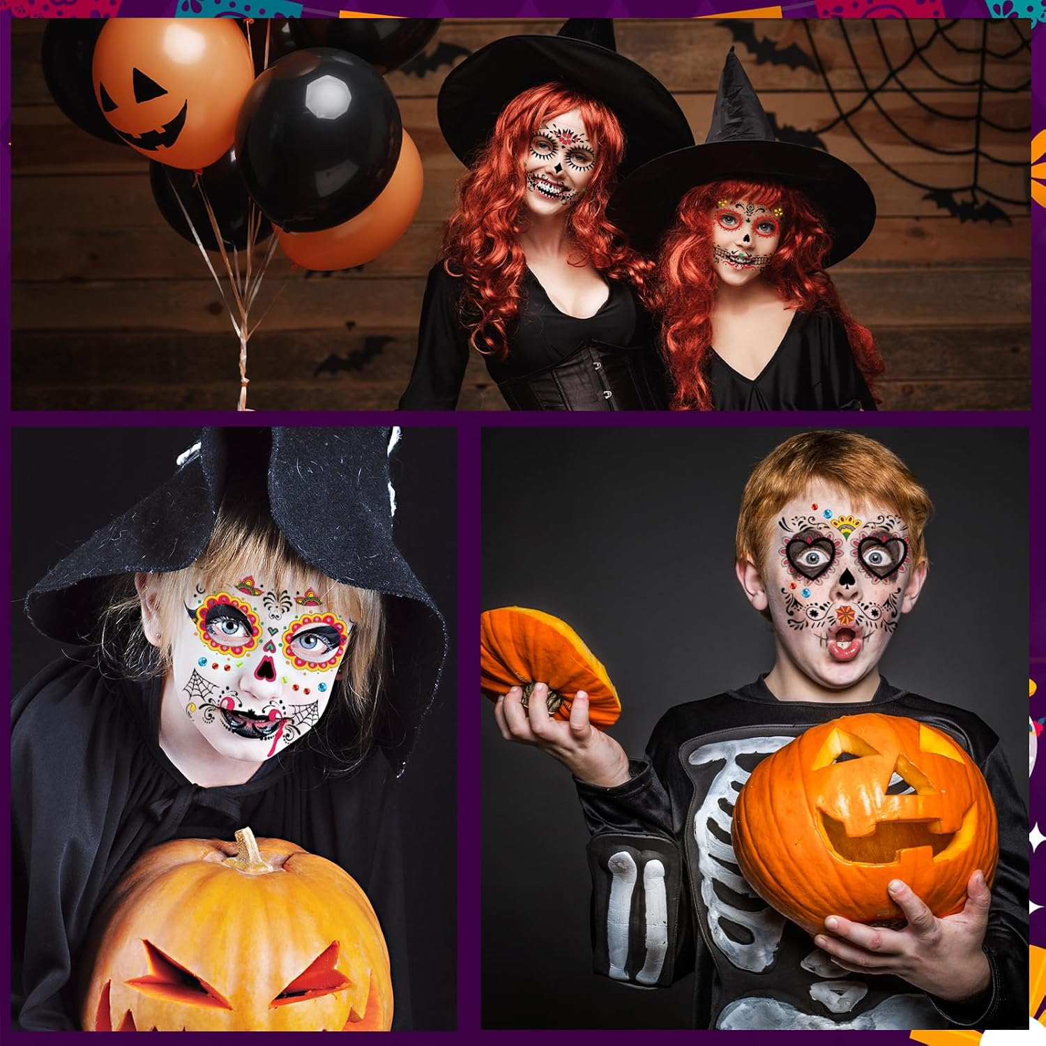 Pack of 8 Halloween Face Tattoos for Adults, Temporary Tattoos with Skull Vampire Motifs and 1 Rhinestone Tattoo, Pumpkin Costume Accessories for Cosplay Party image number 5