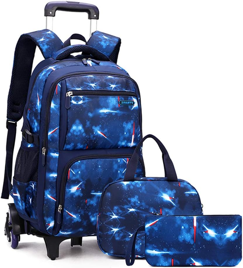 Galaxy Print Rolling Kids Backpack for Boys School Bag Elementary Bookbag with Wheels, 3Pcs-Style B-Galaxy-Black Blue, 3Pcs Rolling Backpack Set, Daypack Backpacks