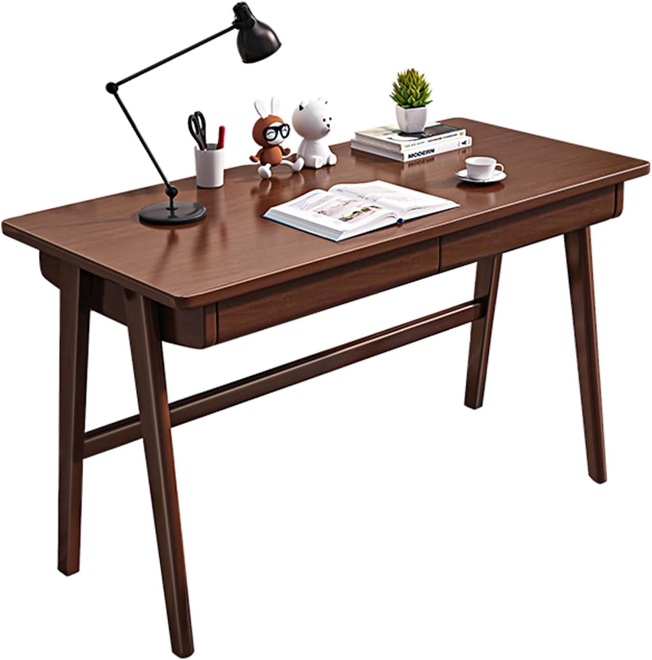 Wood Writing Desk with 2 Drawer,Home Office Desk for Small Spaces Study Desk PC Table Workstation (Walnut, 100X60X75Cm) image number 1