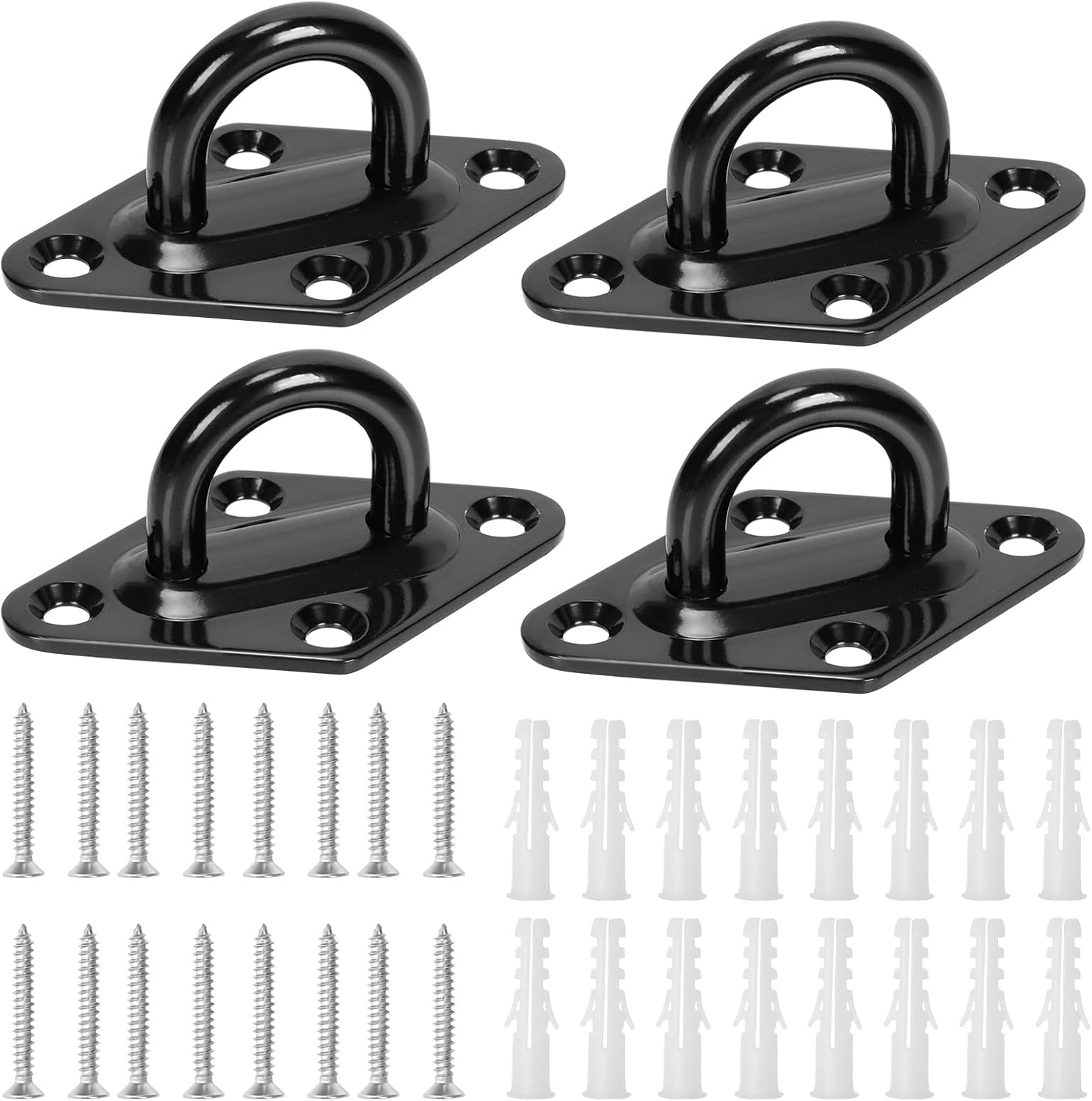 Swpeet 4Pcs M8 304 Stainless Steel Black Rhombus Pad Eye Plate Hook with Screws and Plastic Anchors Assortment Kit, Marine Hardware Hooks Ceiling U Hook Staple Ring Hook for Securing Hanging image number 5