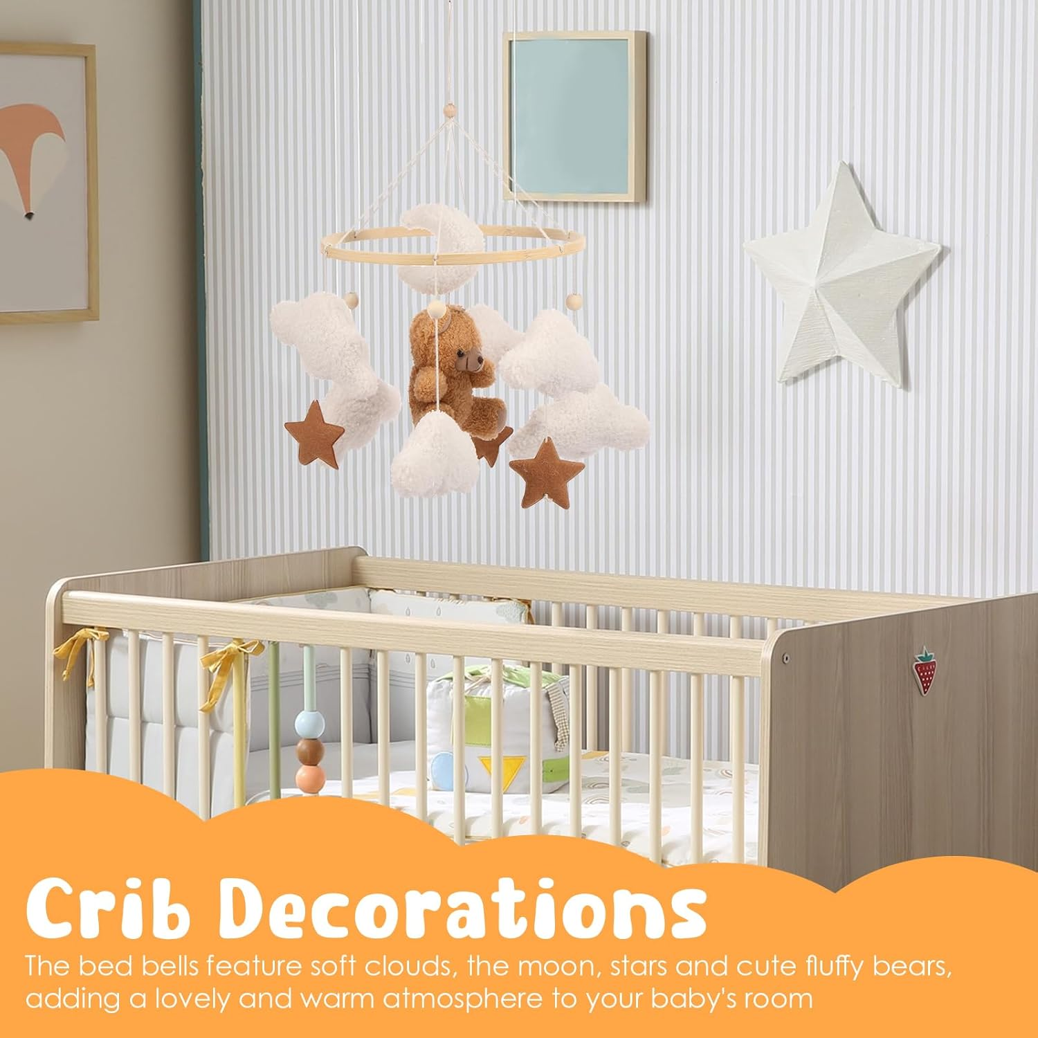 Baby Crib Mobile for Boys Girls Bassinet Soft Plush and Wood Nursery Mobile Cute Baby Bed Bell Charming Nursery Decor for Infant Newborn (Brown) - Pink image number 3