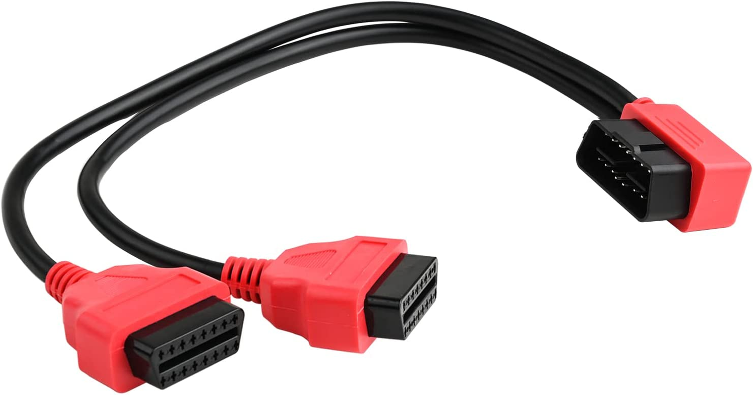 Ikkegol 30Cm/12 Right Angle OBD2 OBD II Y Splitter Cable 1X Male and 2X Female J1962 Port Cord Adapter-Red image number 3
