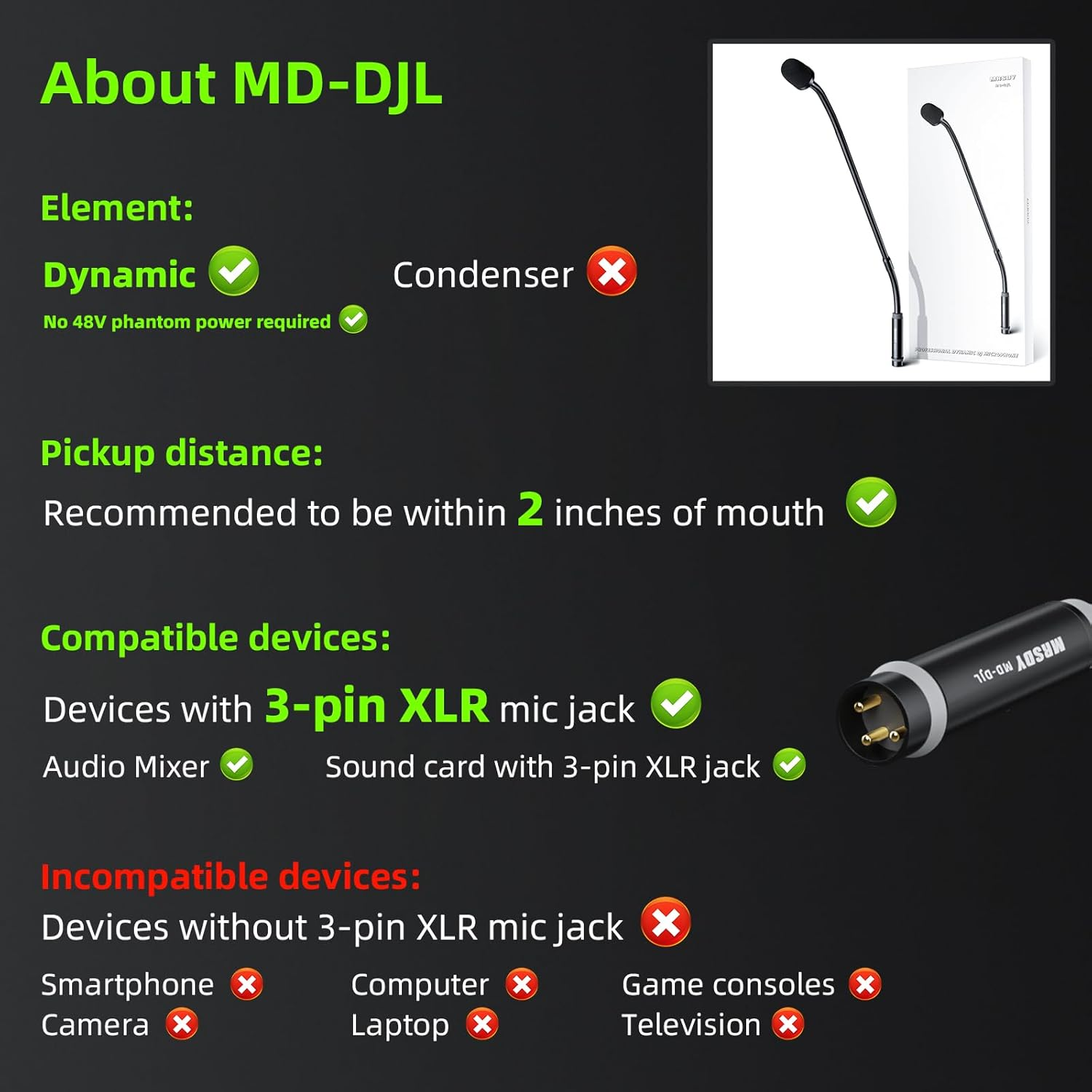 MRSDY Gooseneck Microphone, 23 Inch DJ Microphone for Audio Mixer, Professional XLR Wired Dynamic Mic, Extended Black Metal Noise Reduction Microphone, Supports 360&deg; Rotation and Bending image number 5
