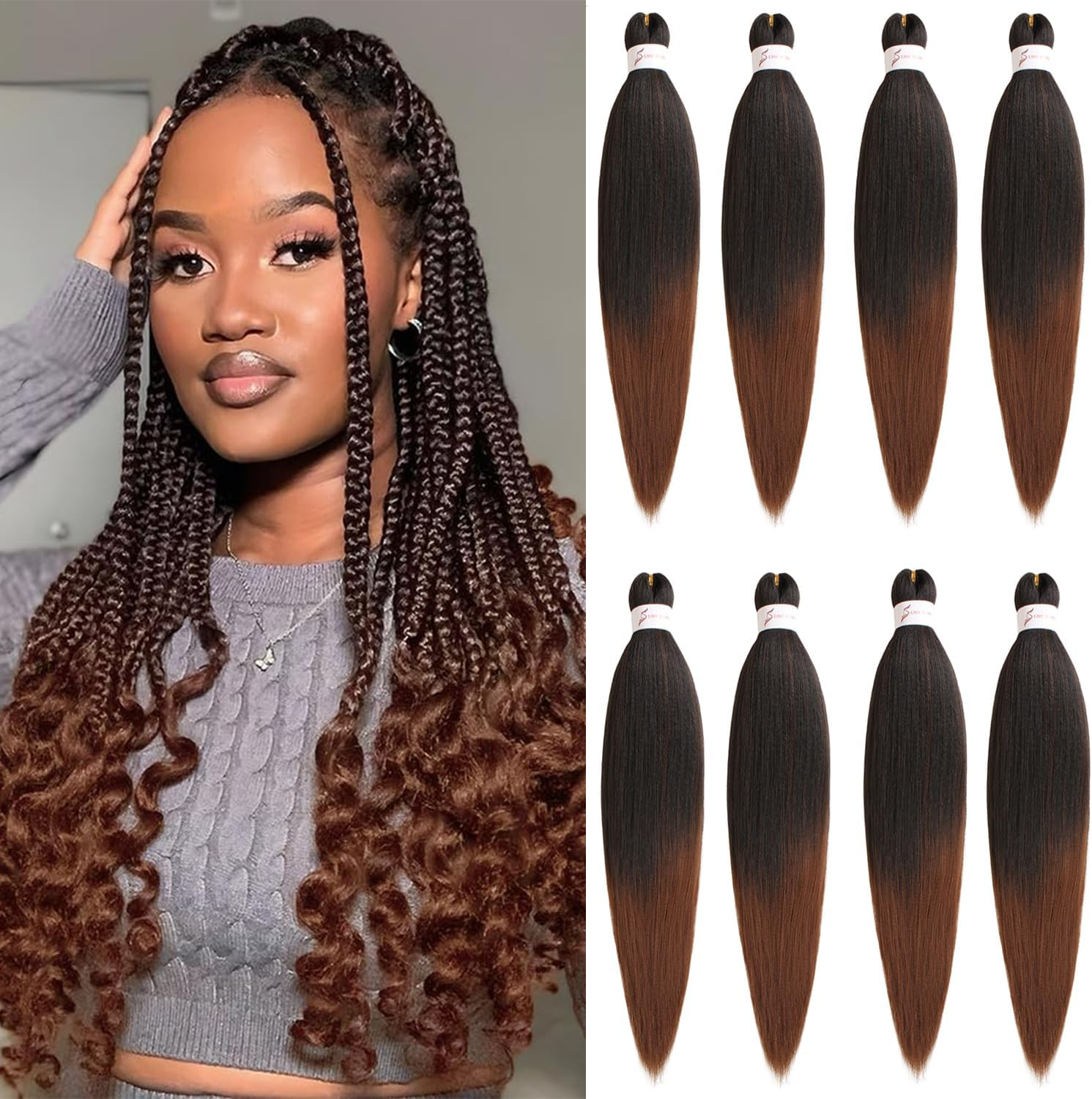 Mscat 30 Inch 8 Packs Pre Stretched Braiding Hair Brown Pre Stretched Braiding Professional Synthetic Prestretched Crochet Braids Hair Extension Hot Water Setting Yaki Texture (30#)