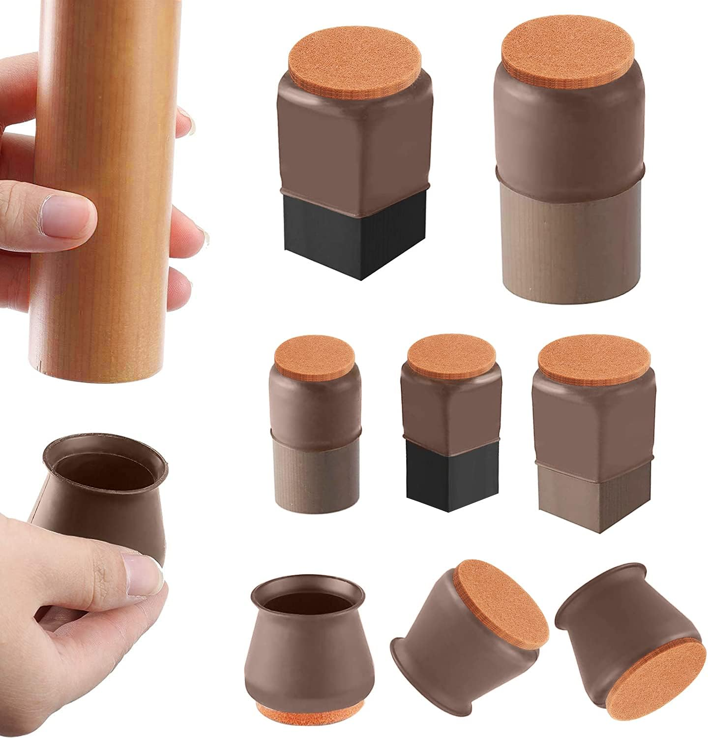 Dark Brown Silicone Chair Leg Floor Protectors with Felt, Chair Leg Caps, Silicon Furniture Leg Feet Protection Cover Protect Hardwood Floor anti Scratch 16 Pcs (Large Fit: 1.5" - 2.0", Brown)