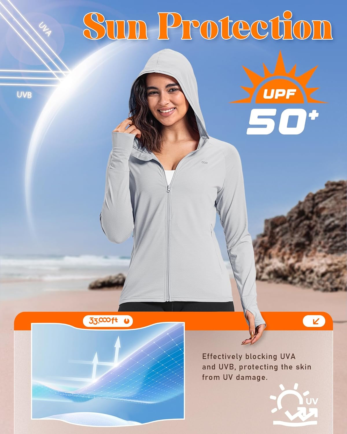 33,000Ft Women'S UPF 50+ Hoodie Jacket Lightweight Long Sleeve Sun Protection Shirt Full Zip up Breathable Sportwear with Thumb Holes for Hiking Running Outdoor image number 4