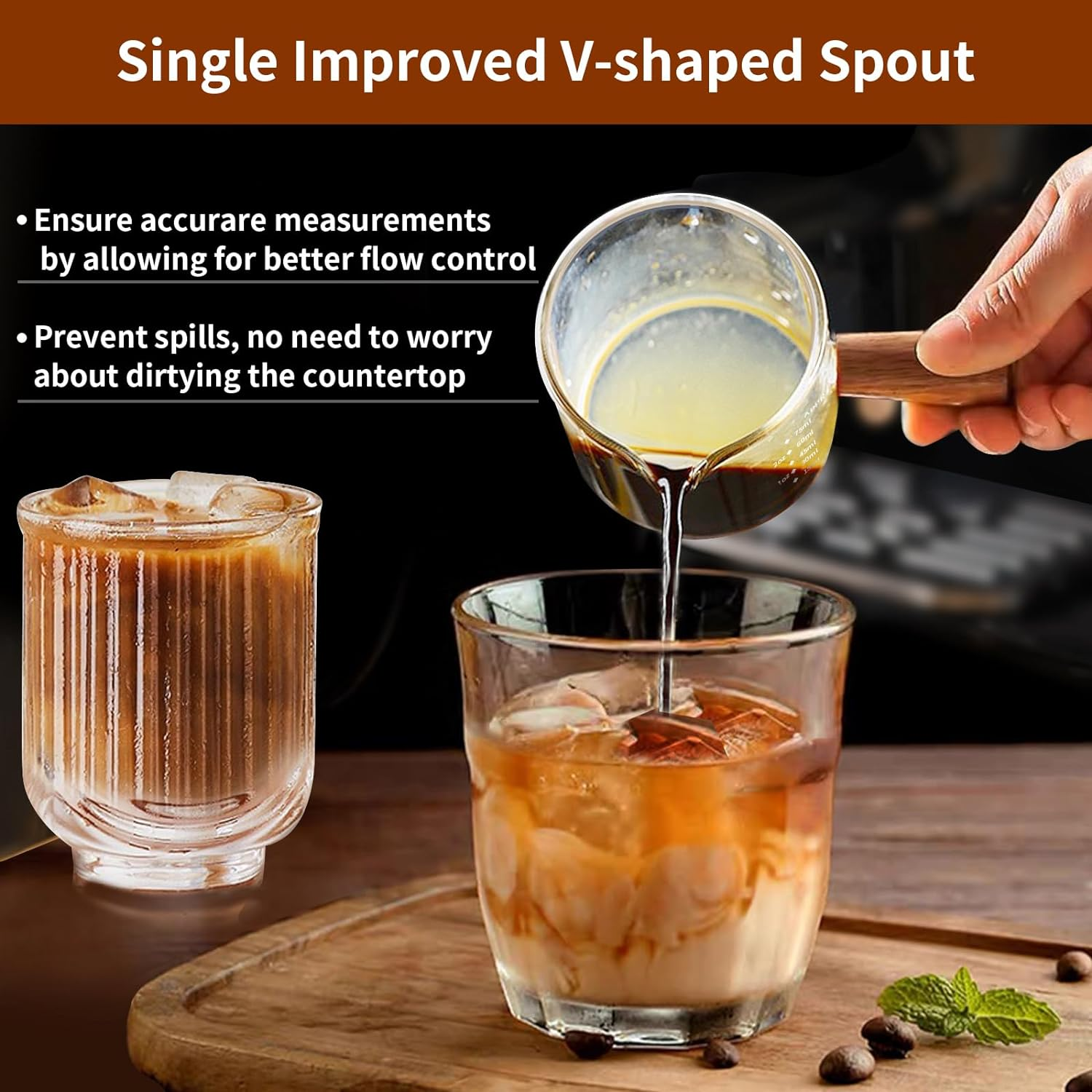 YARRAMATE Espresso Shot Cup with Wood Handle, Clear Glass Accessories, Measuring Cup with Dual Scale, Single Spout Shot Glass, 3.4Oz/100 ML image number 1