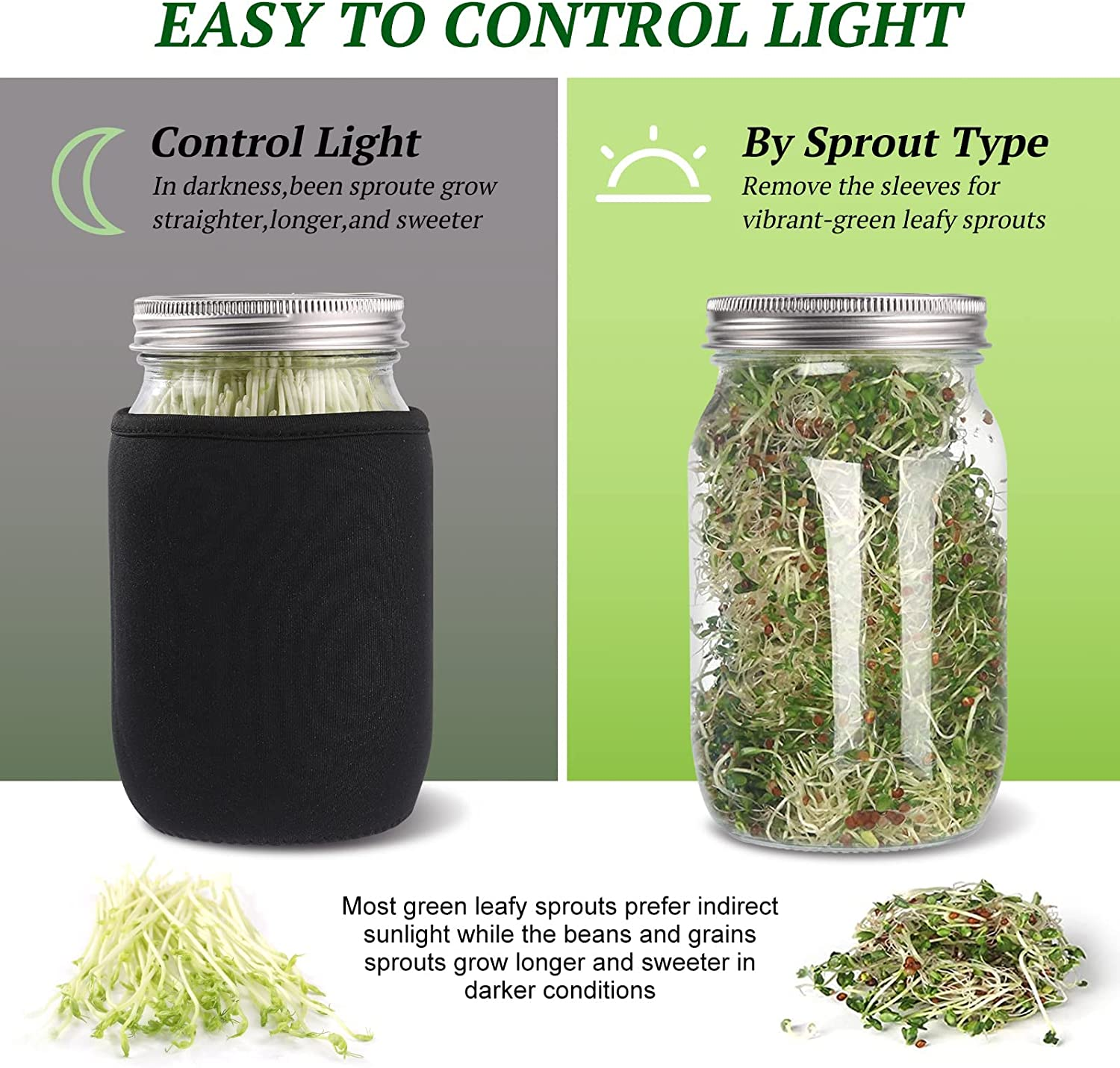 Sprouting Jar Kit 2Pcs Large Wide Mouth Mason Jars with Stainless Steel Screen Sprout Lid,Sprouting Jar Stand,Tray,Blackout Sleeves,Brush-Seed Sprouting Kit for Growing Mung Beans,Broccoli and so On image number 5