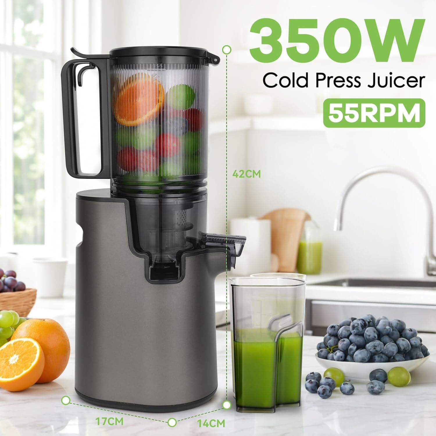 Electric Juicer Masticating Juicer Machine for Whole Fruits and Vegetables, Cold Press Squeezer Slow Juicer with Wide Mouth 80Mm Feeding Chute, Reverse Function Quiet Motor 350W Juice Extractor image number 4