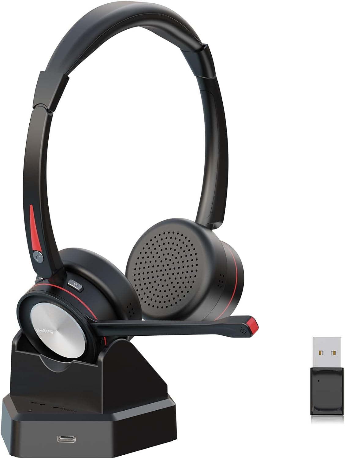 Beebang Bluetooth Headset with Microphone for PC, Wireless Headset with USB Adapter & Charging Station, 40 Hours Talk Time, Mono Wireless Headset for Work, Laptop, Mobile Phone, Microsoft Teams Skype image number 1