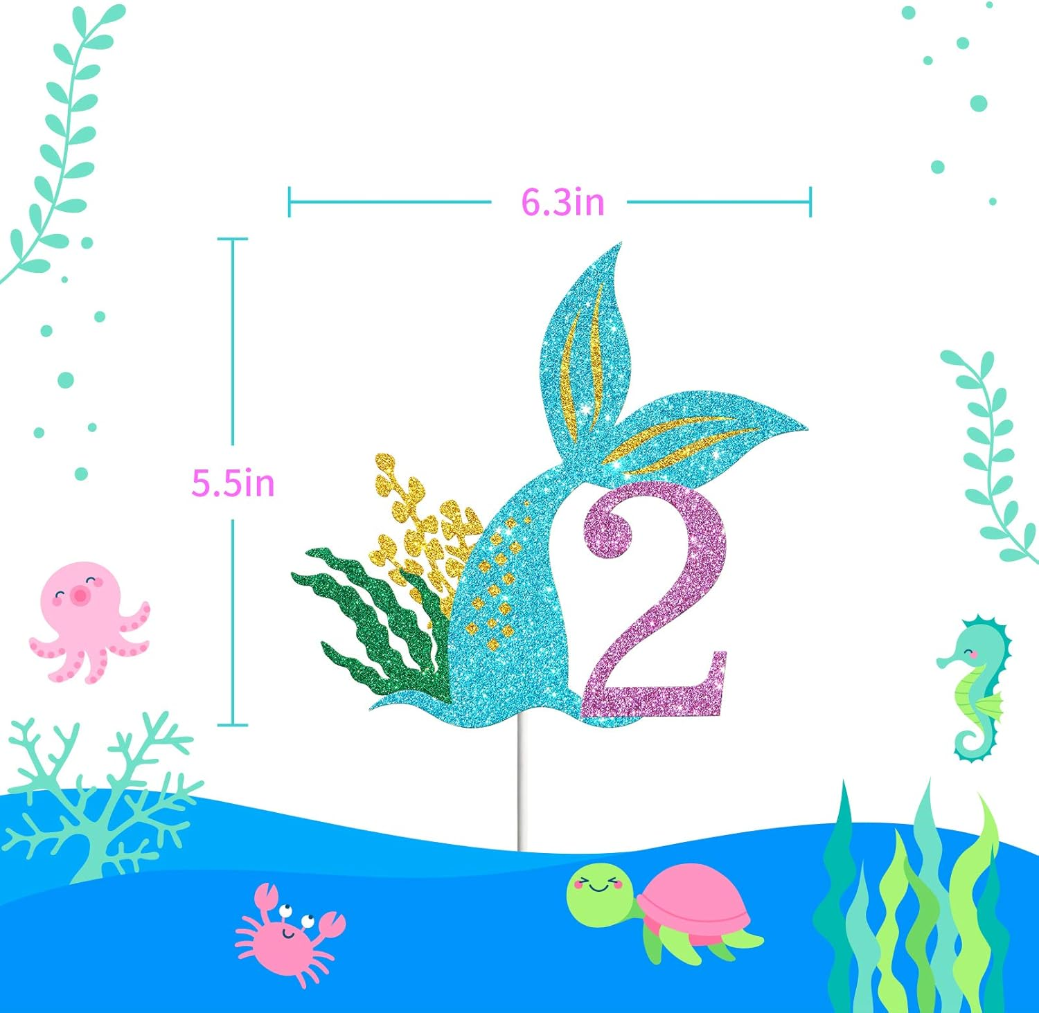 Mermaid Two Cake Topper, Happy 2Nd Birthday Cake Decor, I'M Two Sign, Little Mermaid Birthday Party Decoration Supplies, Daughter of the Sea, under the Sea Themed, Ocean Themed - Glitter