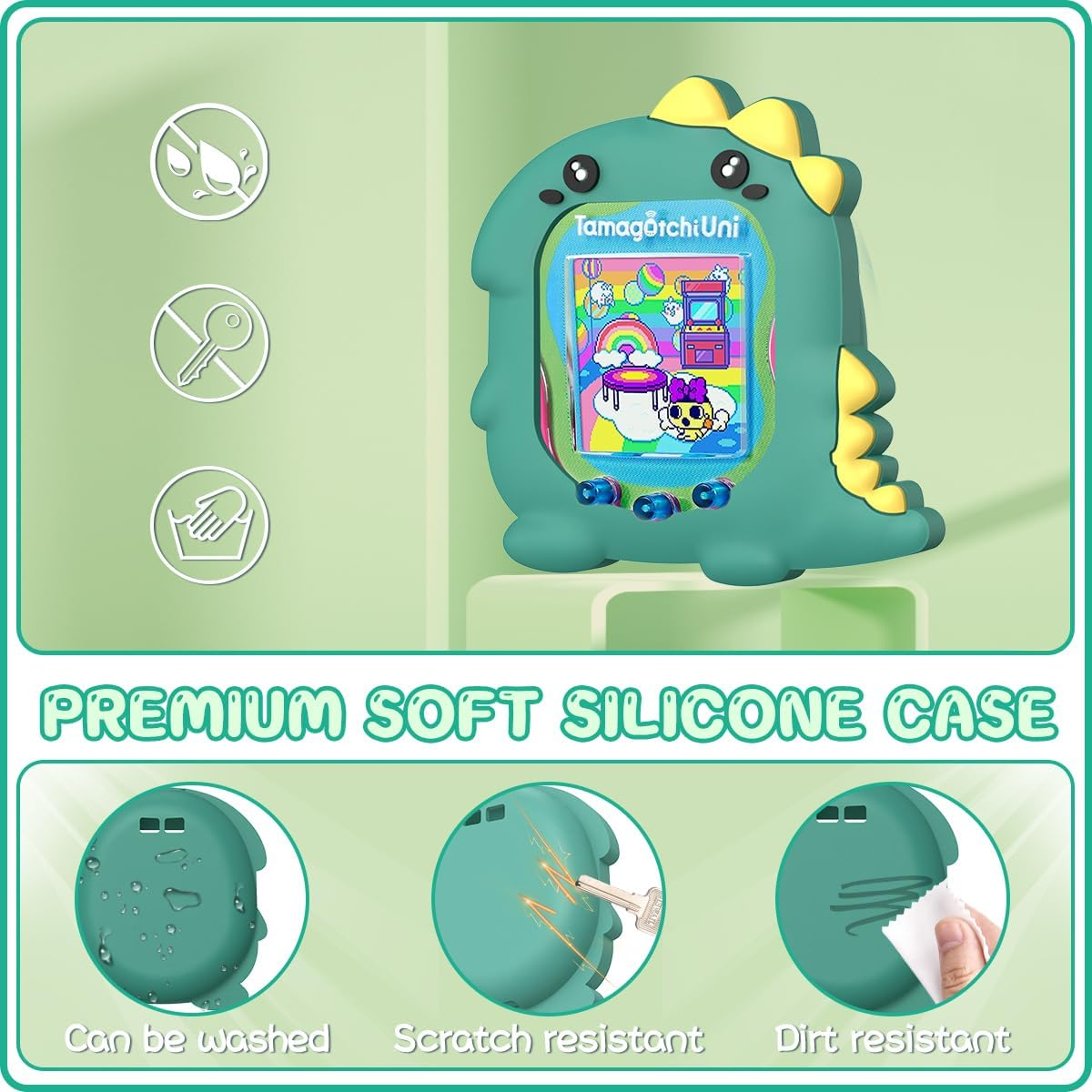 BEARDDO Silicone Case Compatible with Tamagotchi Uni Case, Cute Cartoon Green Dinosaur Virtual Pet Game Machine Protector Cover for Tamagotchi Uni Accessories with Ring Lanyard (Green Dino) - Cow image number 3