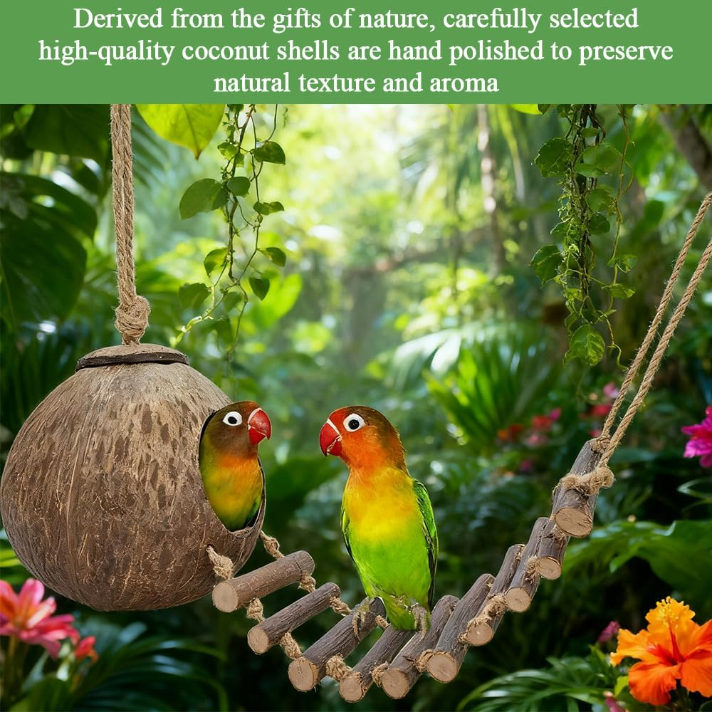 Natural Coconut Shell Bird Nest, Coconut Shell Nest Bed, Bird Breeding Nests, Hanging Birdhouse with Shrub Stairs, Suitable for Most Birds Species image number 2