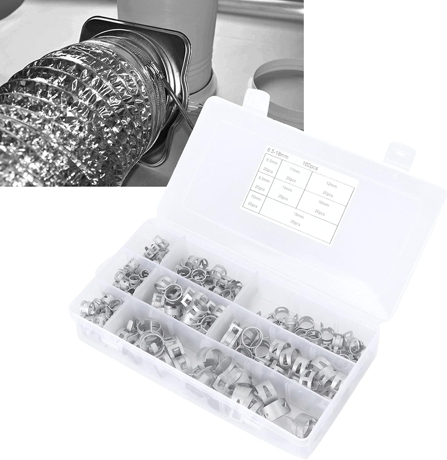 Joyzan Spring Band Hose Clamps, Stainless Steel Silicone Vacuum Hose Assortment Kit Fuel Line Air Tube Water Pipe Clip Fasteners 6.5Mm 8Mm 10Mm 11Mm 12Mm 14Mm 16Mm 18Mm 160Pcs