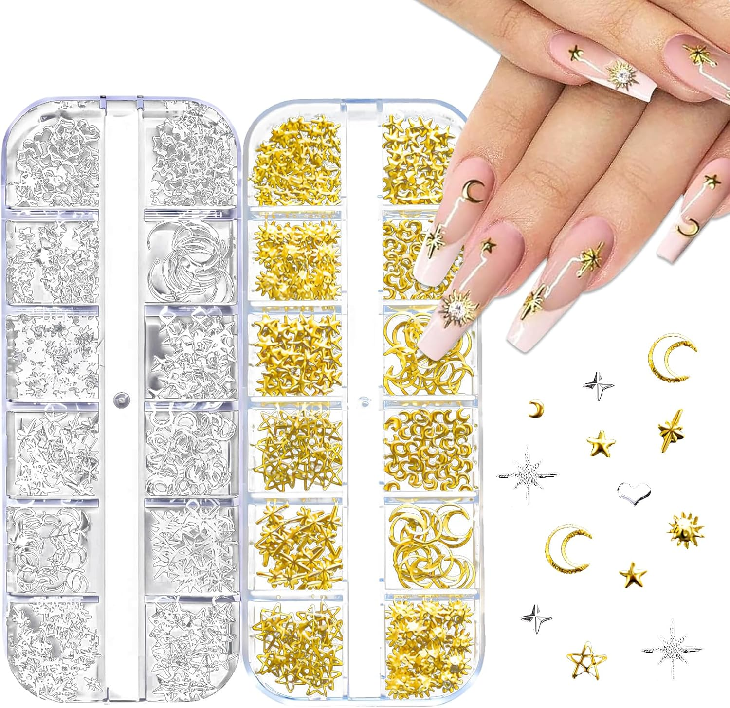 Jotia 2 Boxes Gold Silver Nail Charms, Star Moon Sun Nail Jewelry Decorations Nail Art Rhinestones for Women Girls DIY Manicures Crafting Decoration