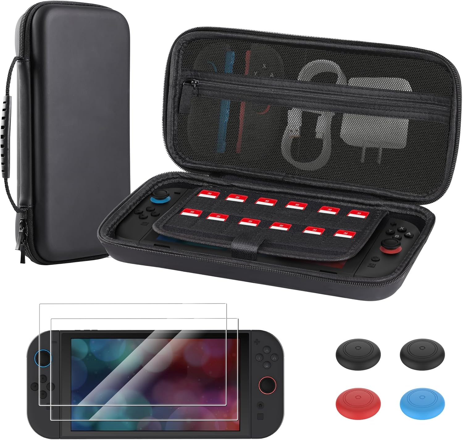 Simpeak 3 in 1 Accessories Travel Carrying Case Compatible with Switch 2 (2025), 1X Hard Shell Storage Bag with 2X Tempered Glass Screen Protector and 2 Pairs Thumb Grips Caps image number 1