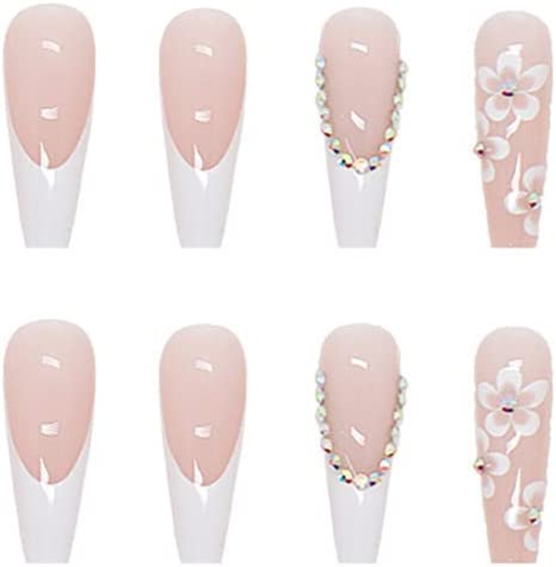 French White Press on Nails - 24 PCS Flower Fake Nails Long Coffin False Nails with Rhinestones Designs Stick on Nails for Women Girls Party Salon image number 5