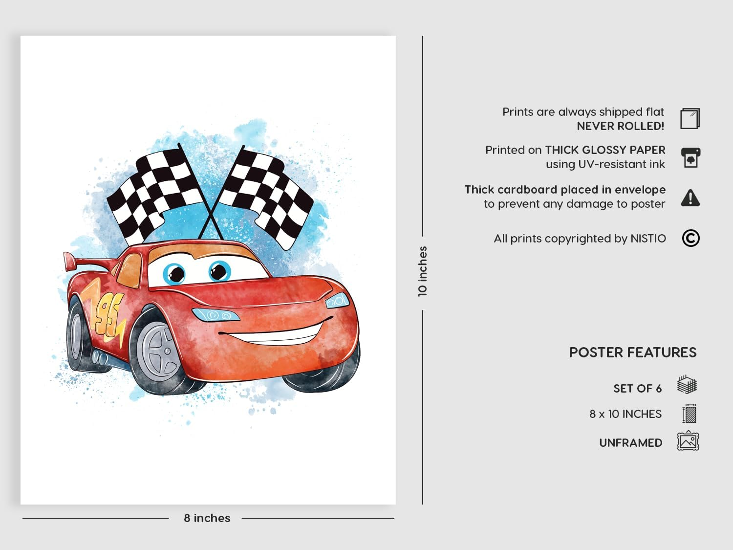 Nistio&reg; Cars Movie Poster Prints, Cars Movie Poster Wall Art Decor, Lightning Mcqueen, Set of 6, 8X10 Inches (Unframed) image number 3