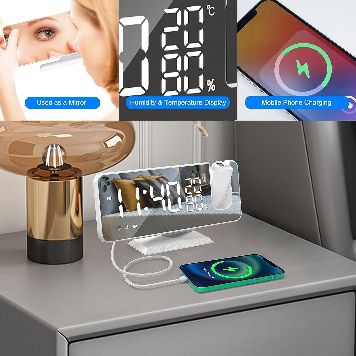 Projection Digital Alarm Clock for Bedroom, Beedove FM Radio Alarm Clock, Dual Alarm Clock with 3 Dimmer,Snooze,Timer,180&deg;Rotatable Ceiling Projection Alarm Clock for Home Decor, Desk, Office, White - White image number 1