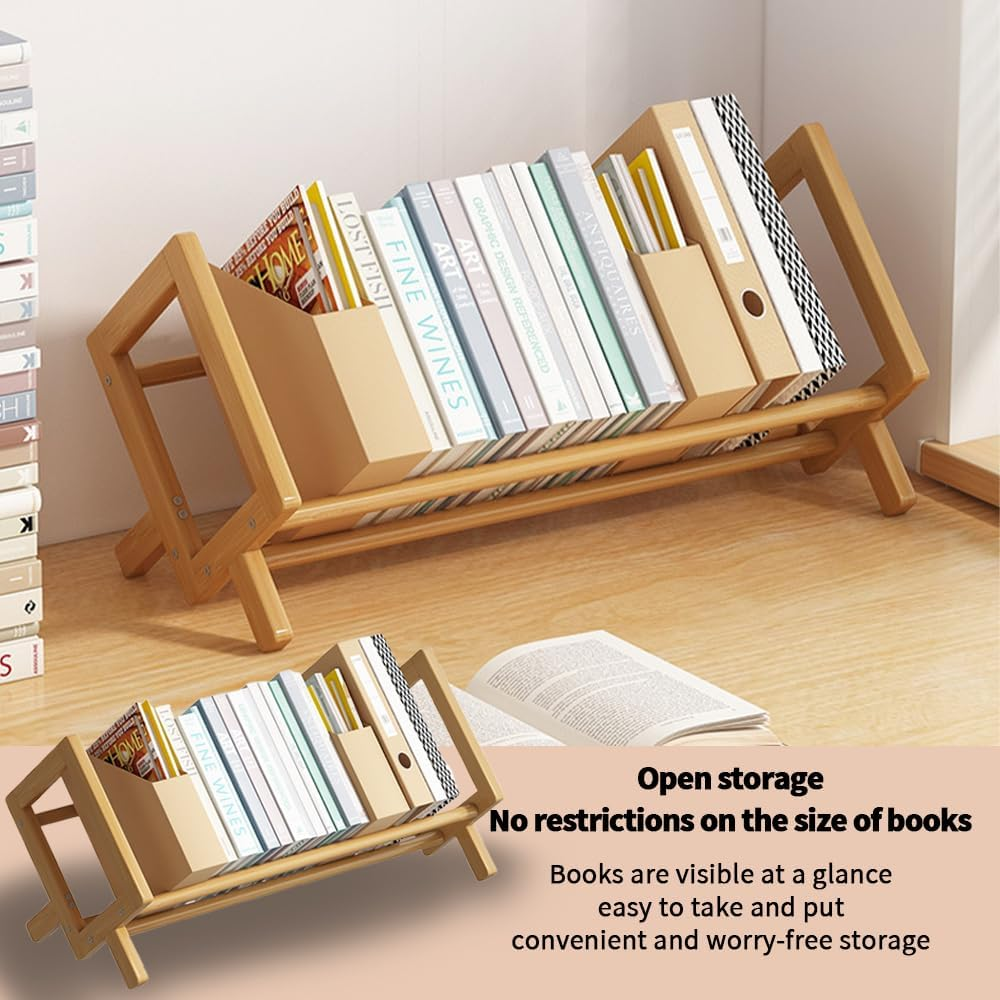 TOMVAES Bamboo Desktop Bookshelf,Desktop Book Shelf Organizer Bookshelves Storage Rack Simple Tabletop Tilted Bookcase for Books/Magazine/Cds Display (Light) - Light image number 1