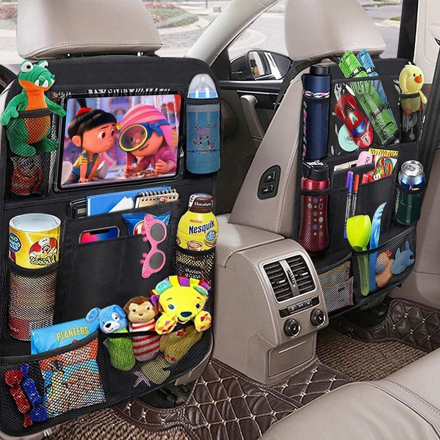 2 Pack Car Backseat Organiser with 10" Tablet Holder anti Kick Mats Back Seat Protector Car Back Seat Organizer for Kids Car Travel Accessories Kids Toy Storage with 9 Storage Pockets