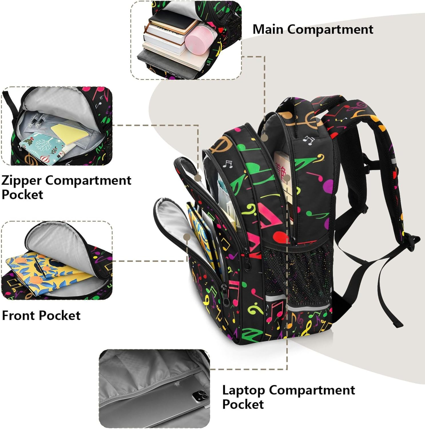 Joisal Backpacks Colorful Music Notes Symbols Black Kids Backpacks Daypack School Supplies Preschool Book Bag Colorful image number 6