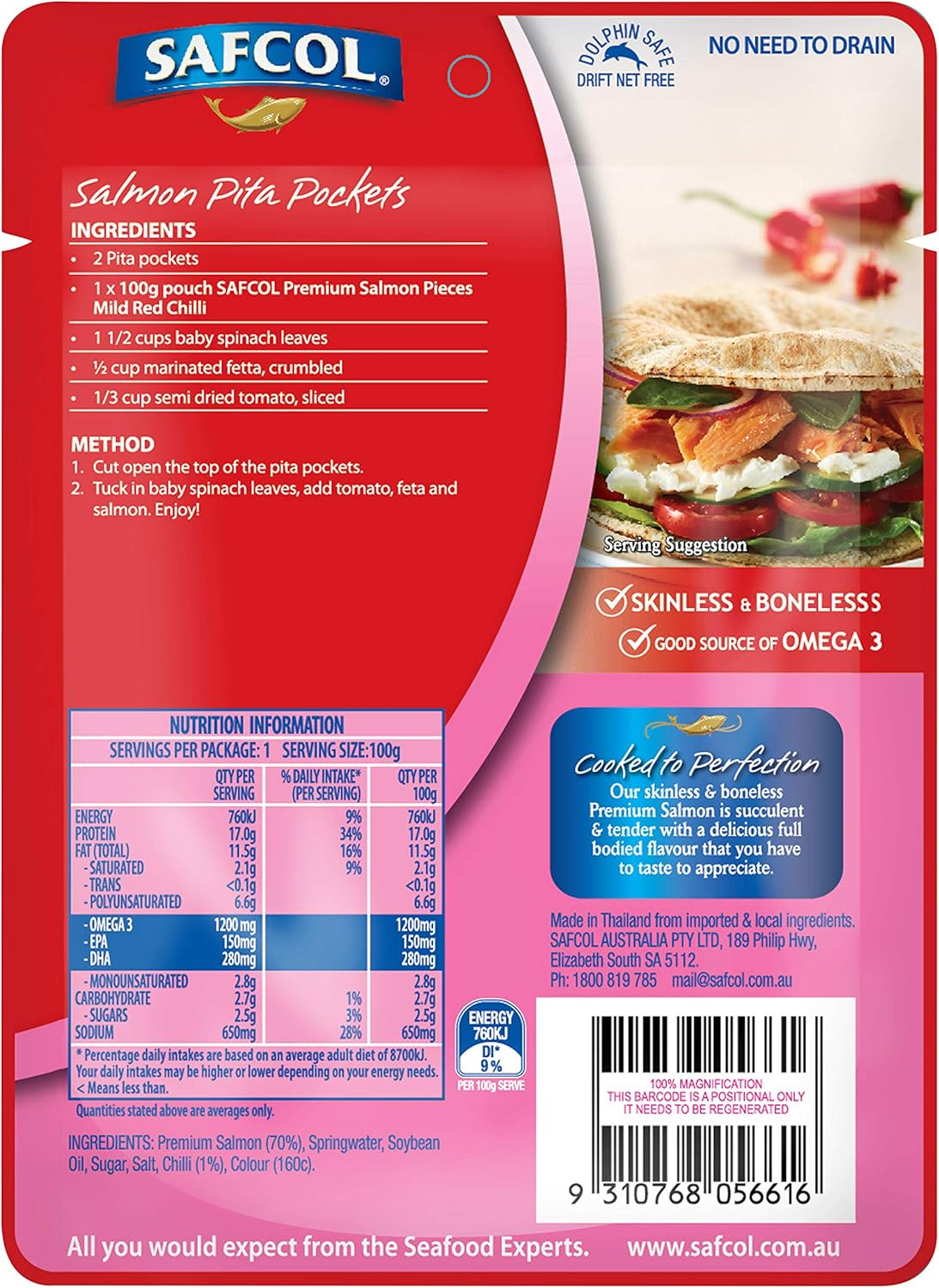 Safcol Australia SAFCOL Salmon Pouches with Mild Red Chilli 100G Pouch, 20 Pack, 1 X 2 Kg