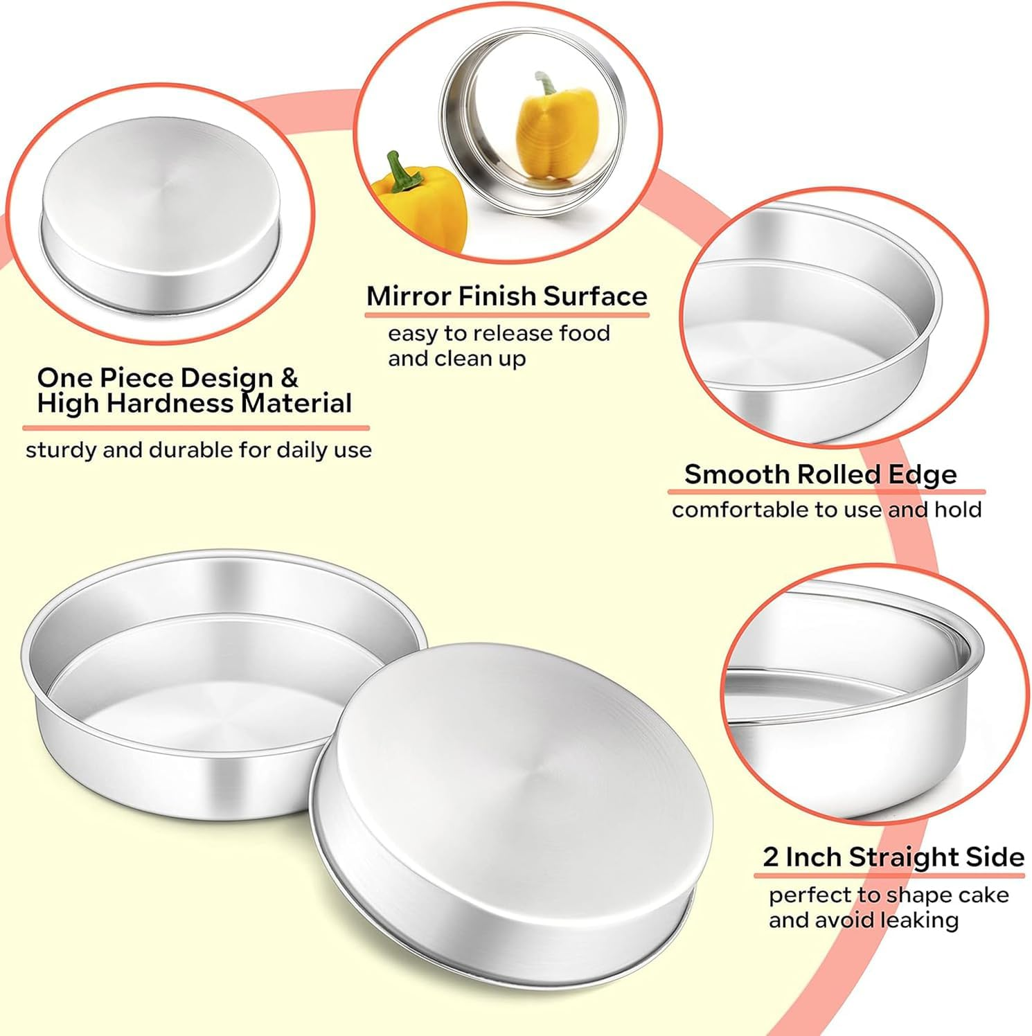 Cake Pan Set of 3, 20Cm X 5Cm Stainless Steel round Cake Tin Baking Pans, Healthy & Toxic Free, Leakproof & Easy Clean, Mirror Finish & Sturdy, Oven & Dishwasher Safe (20Cm- 3 Pack) image number 1
