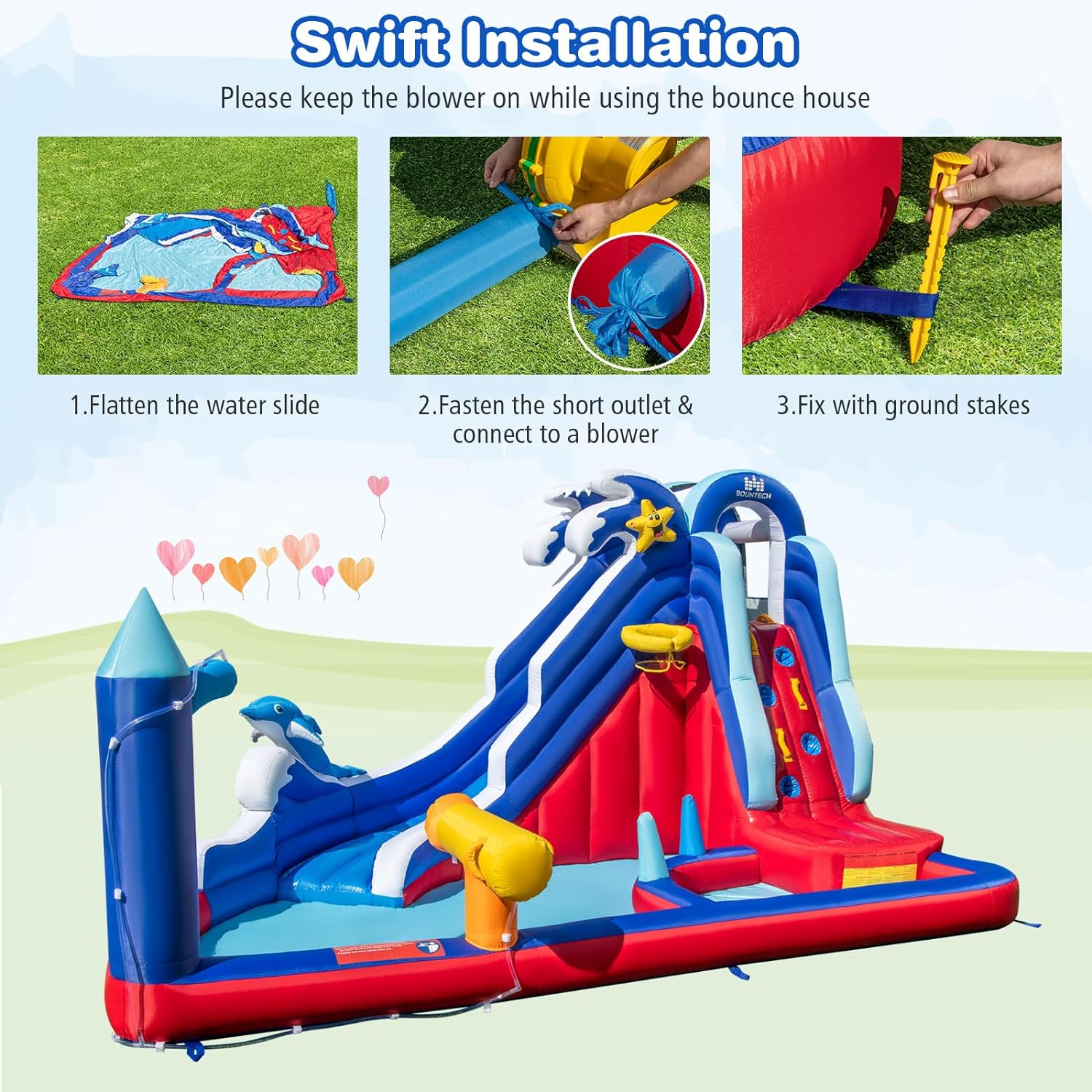 HONEY JOY Inflatable Water Slide, Dolphin Theme Kids Bounce House Water Park W/Long Slide, 2 Splash Pools, Climbing Wall, Water Gun, Basketball Rim, Ring-Toss, Outdoor Jumping Castle with 680W Blower image number 5