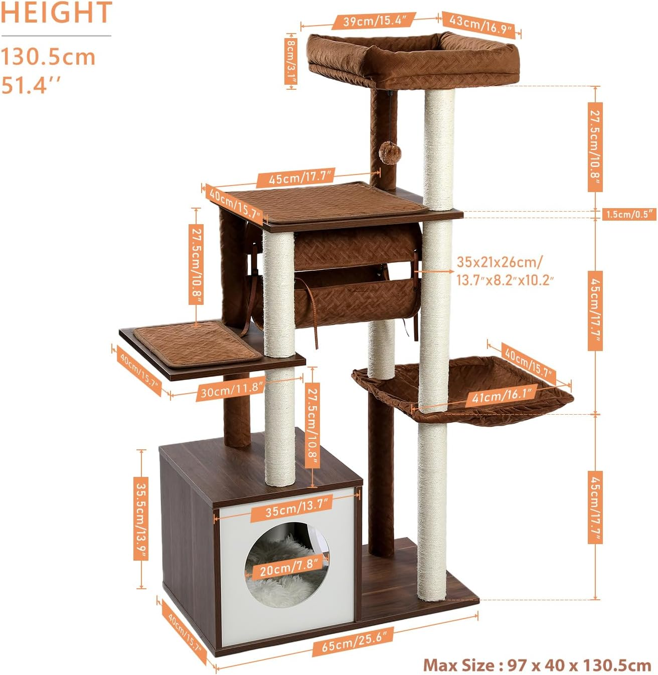 PAWZ Road Cat Tree Cat Scratching Post with a Large Hammock Play Tower, Play Tunnel Wooden Furniture Cat Stand 130Cm Brown image number 4