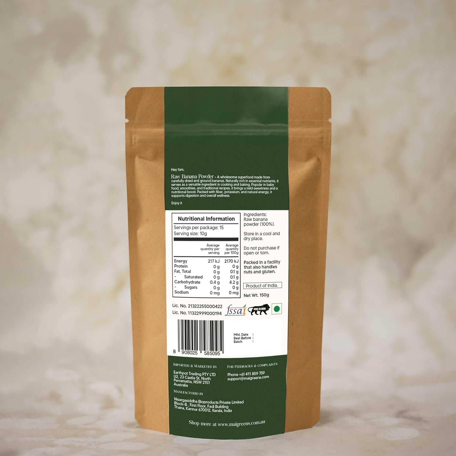 Mai Greens Raw Banana Powder 150G &ndash; Natural Raw Banana Flour | Ideal for Baby Food, Gut Health & Baking | No Additives or Preservatives