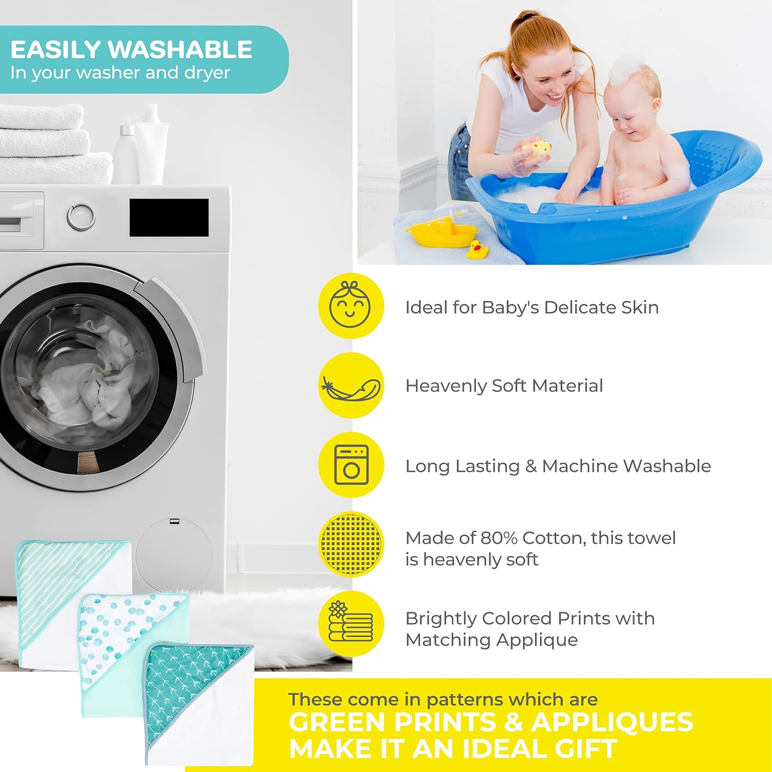 Spasilk Hooded Towel Set for Newborn Boys and Girls, Soft Terry Towel Set, Pack of 3, Green Dots image number 4